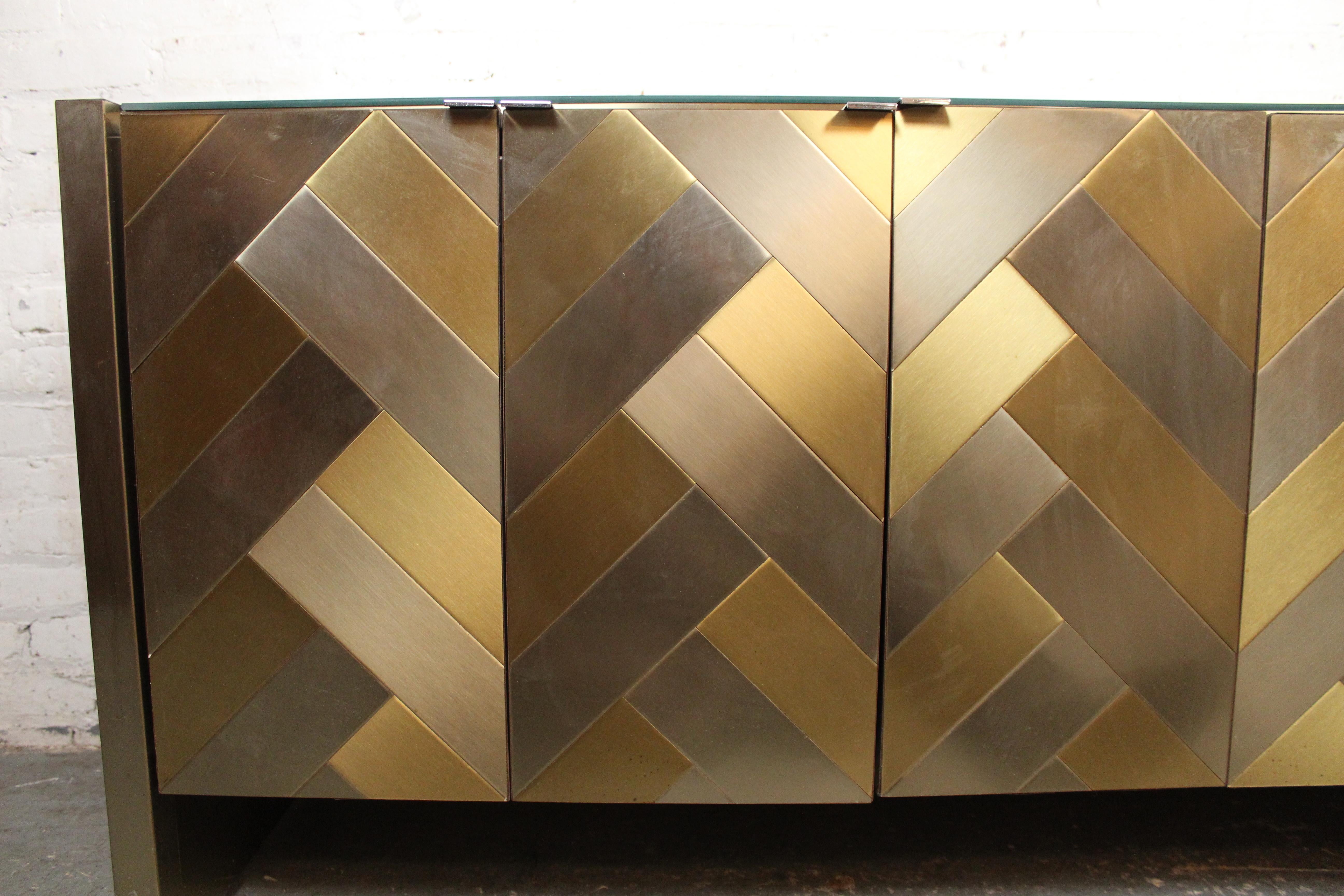 Brushed Chrome and Brass Herringbone Credenza by Ello Furniture