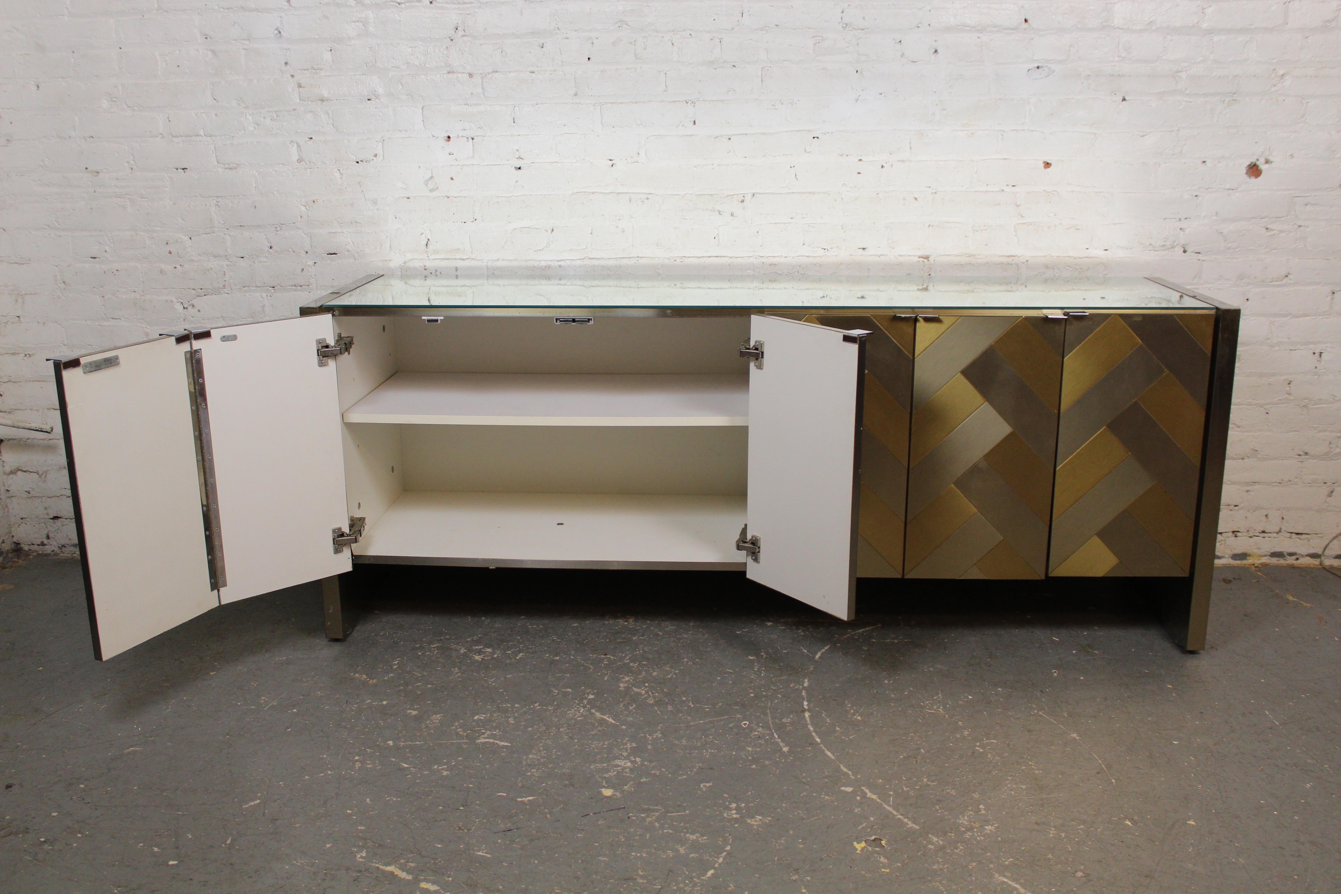 Chrome and Brass Herringbone Credenza by Ello Furniture In Good Condition In Brooklyn, NY
