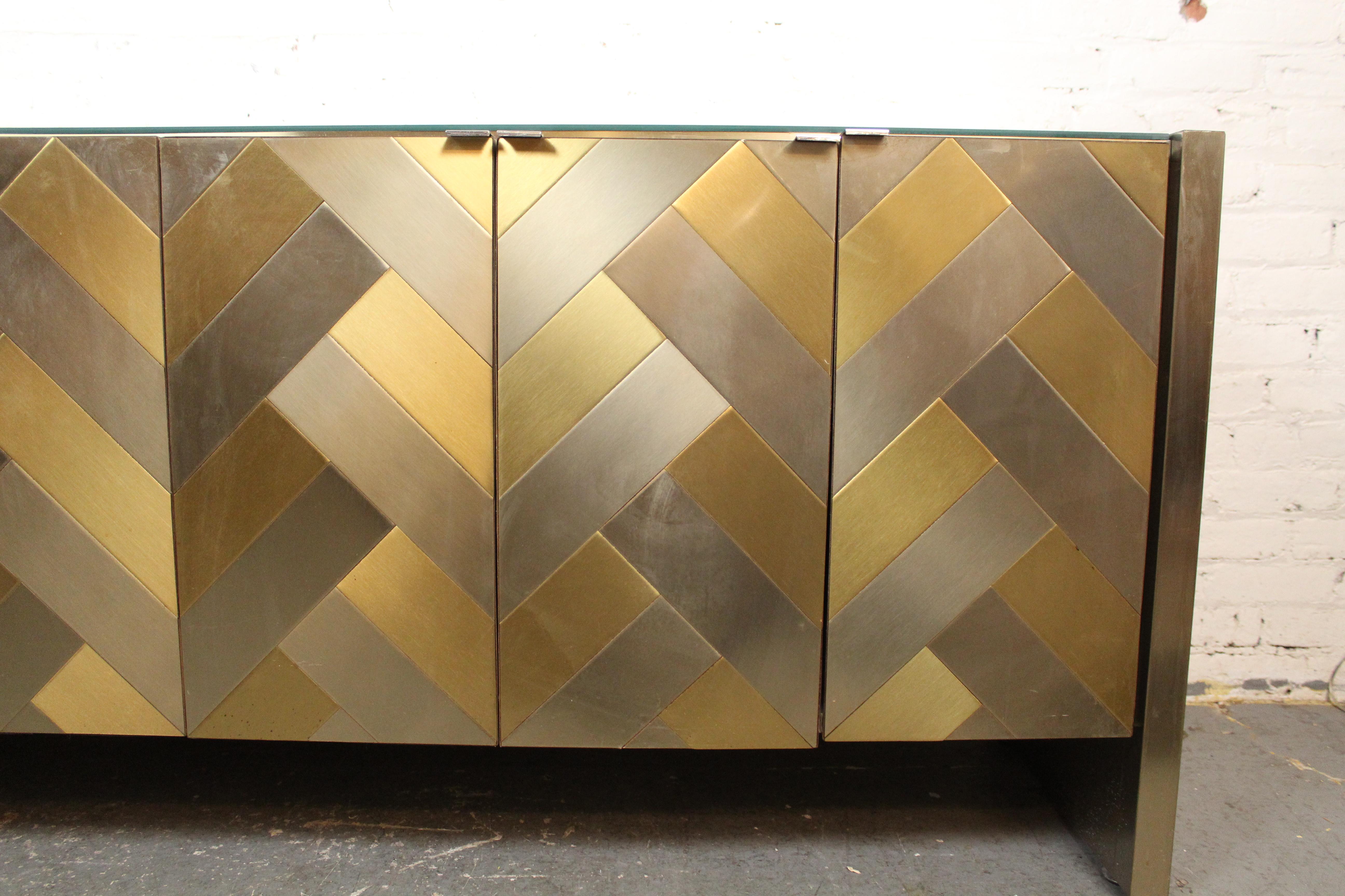 20th Century Chrome and Brass Herringbone Credenza by Ello Furniture