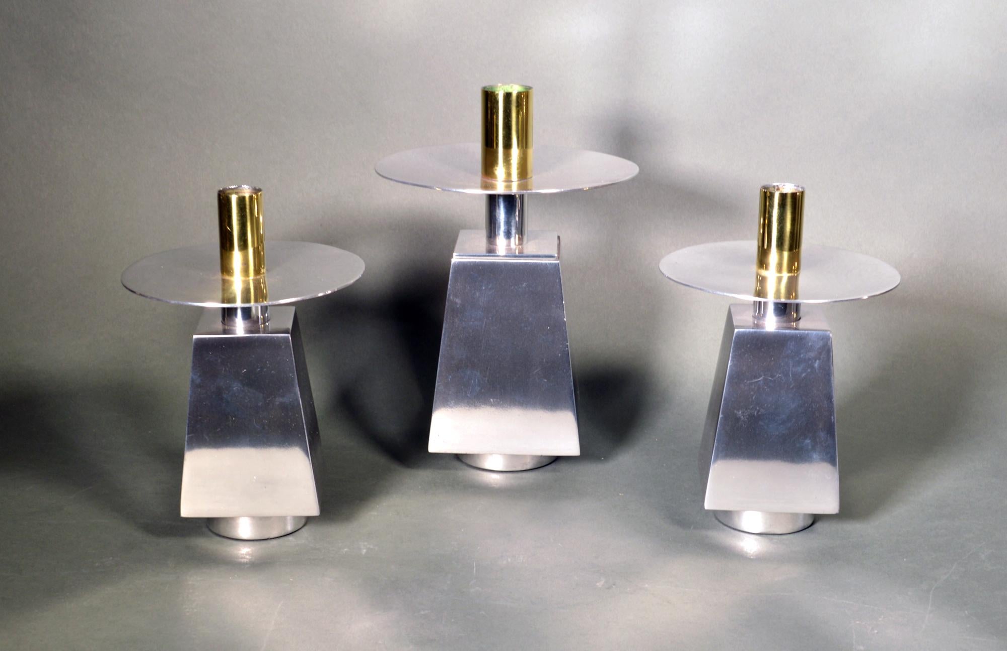 Chrome and Brass Midcentury Candlesticks, Set of Seven, 1970s In Good Condition For Sale In Downingtown, PA