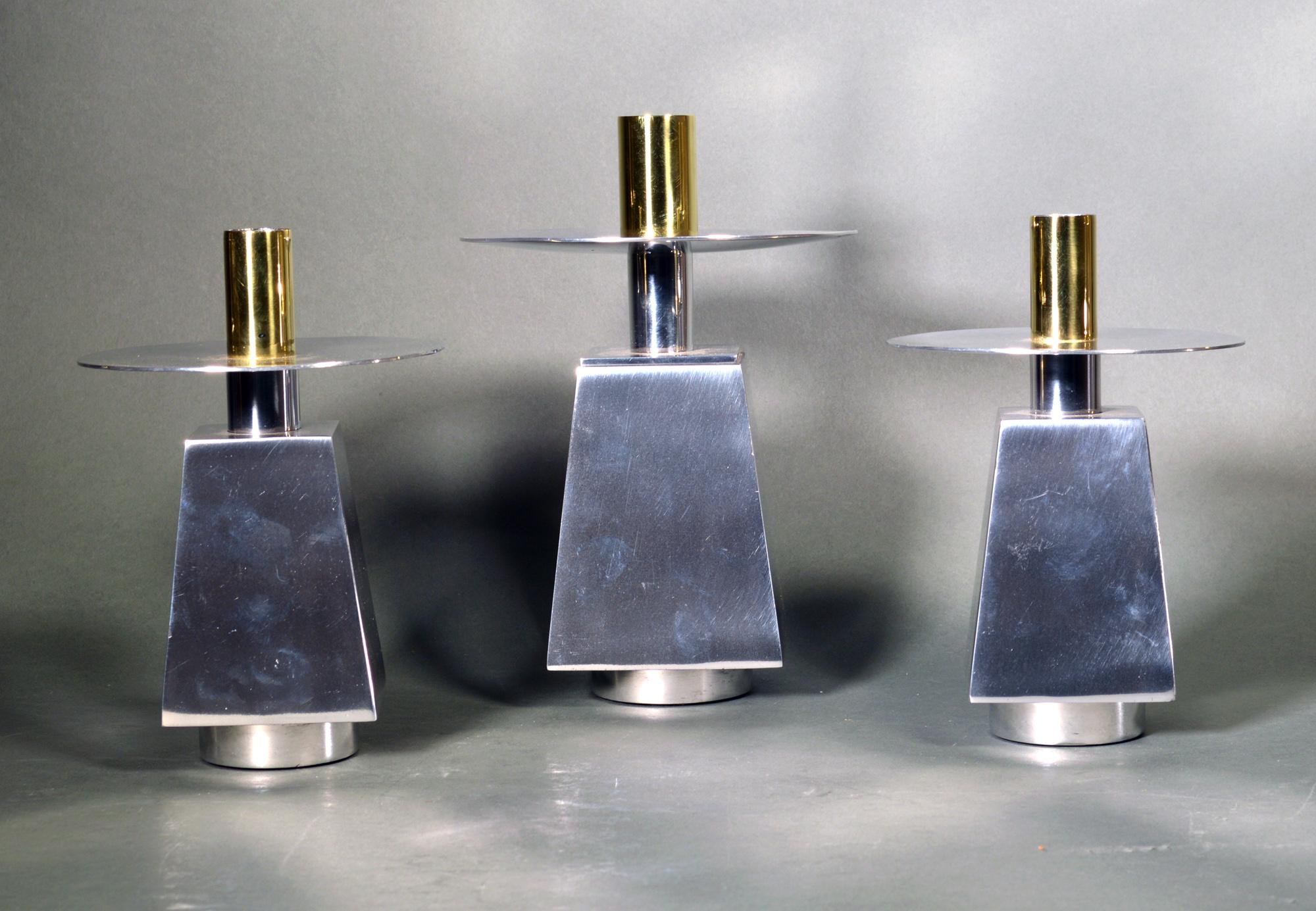 20th Century Chrome and Brass Midcentury Candlesticks, Set of Seven, 1970s For Sale