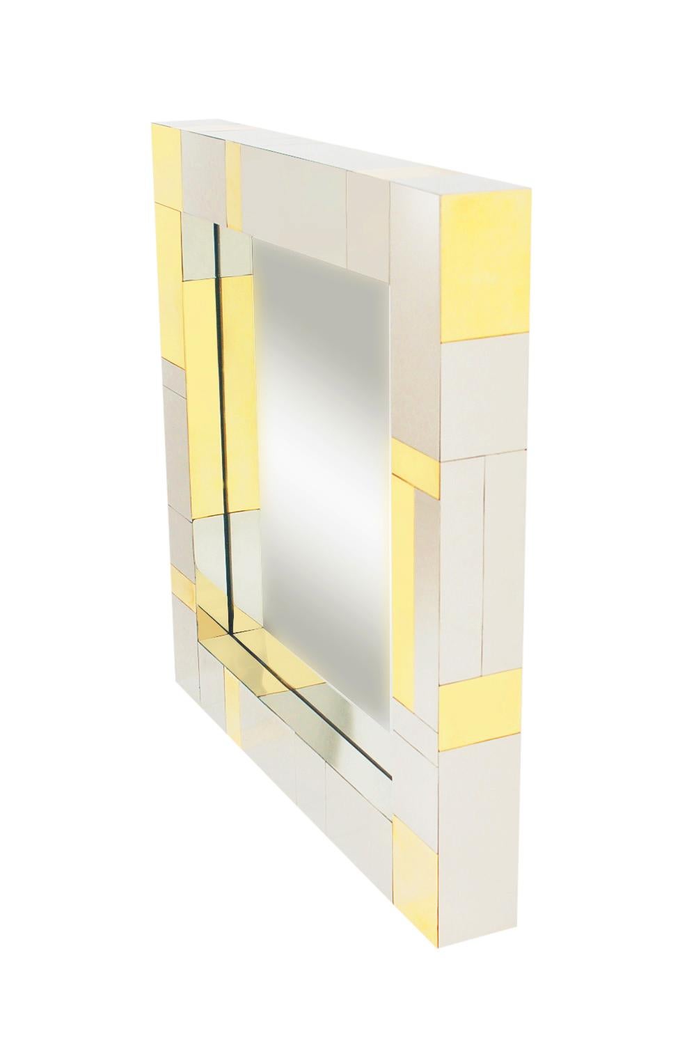 North American Chrome and Brass Midcentury Square Cityscape Mirrors in the Style of Paul Evans For Sale