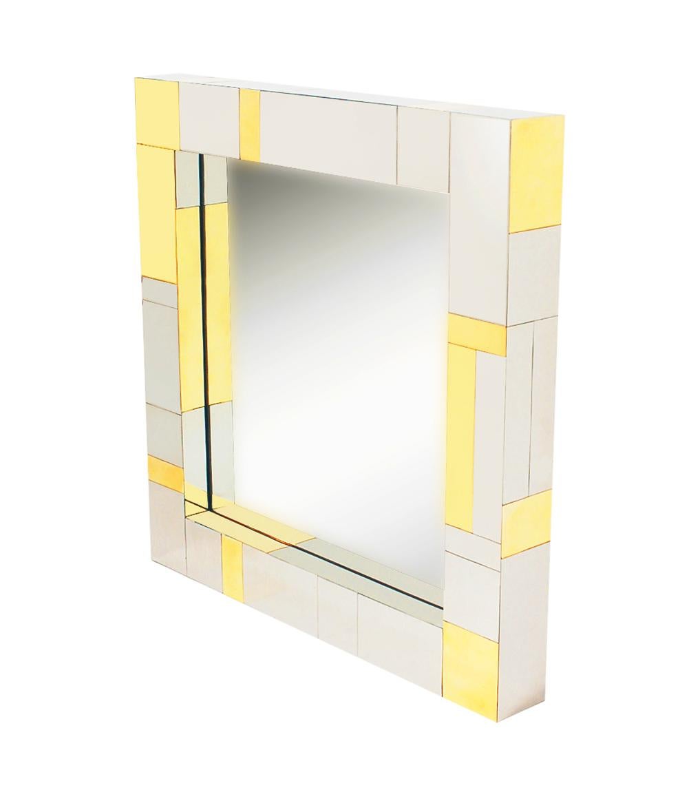 Chrome and Brass Midcentury Square Cityscape Mirrors in the Style of Paul Evans For Sale 1