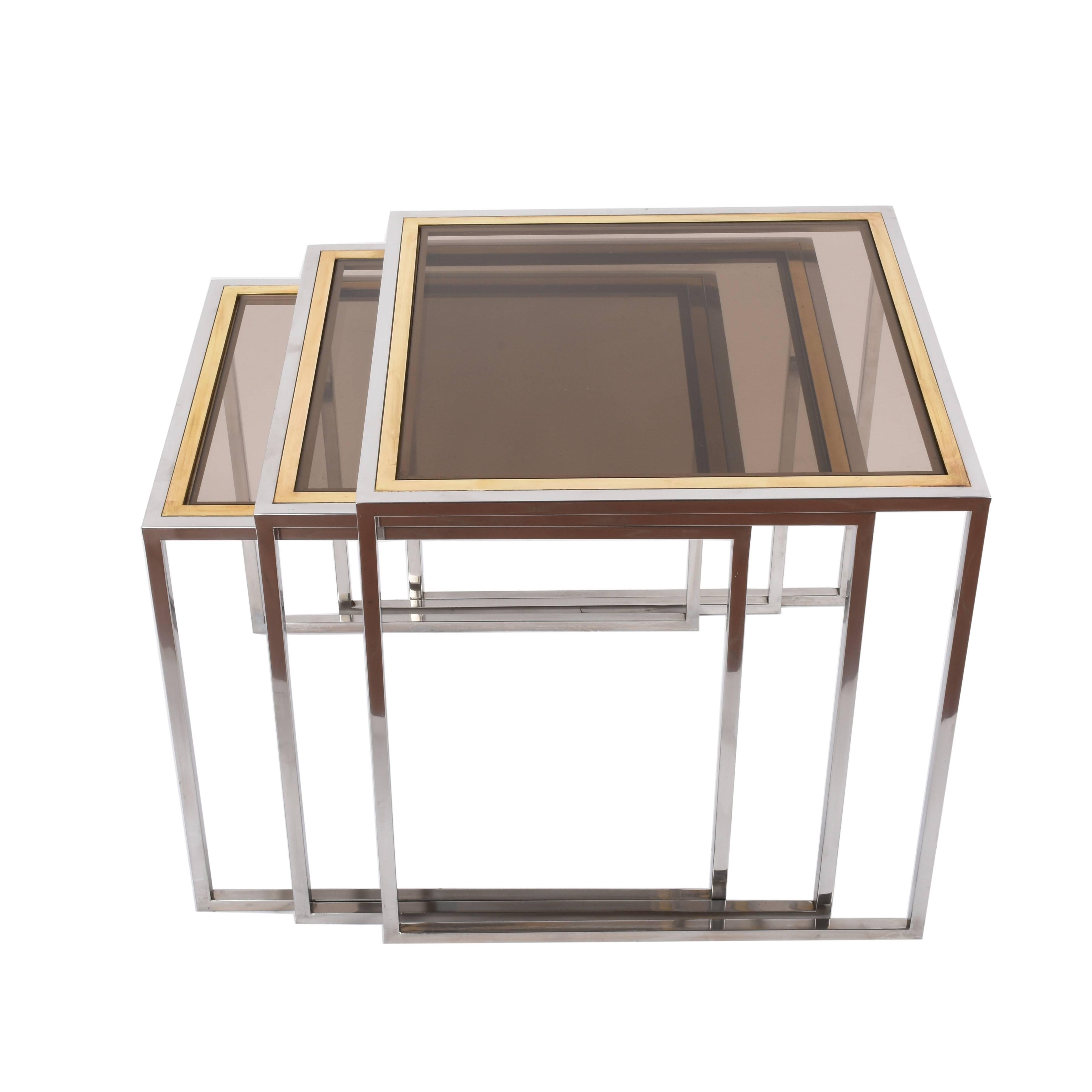 Chrome and Brass Nesting Italian Coffee Tables with Smoked Glass Top, 1970s For Sale 5