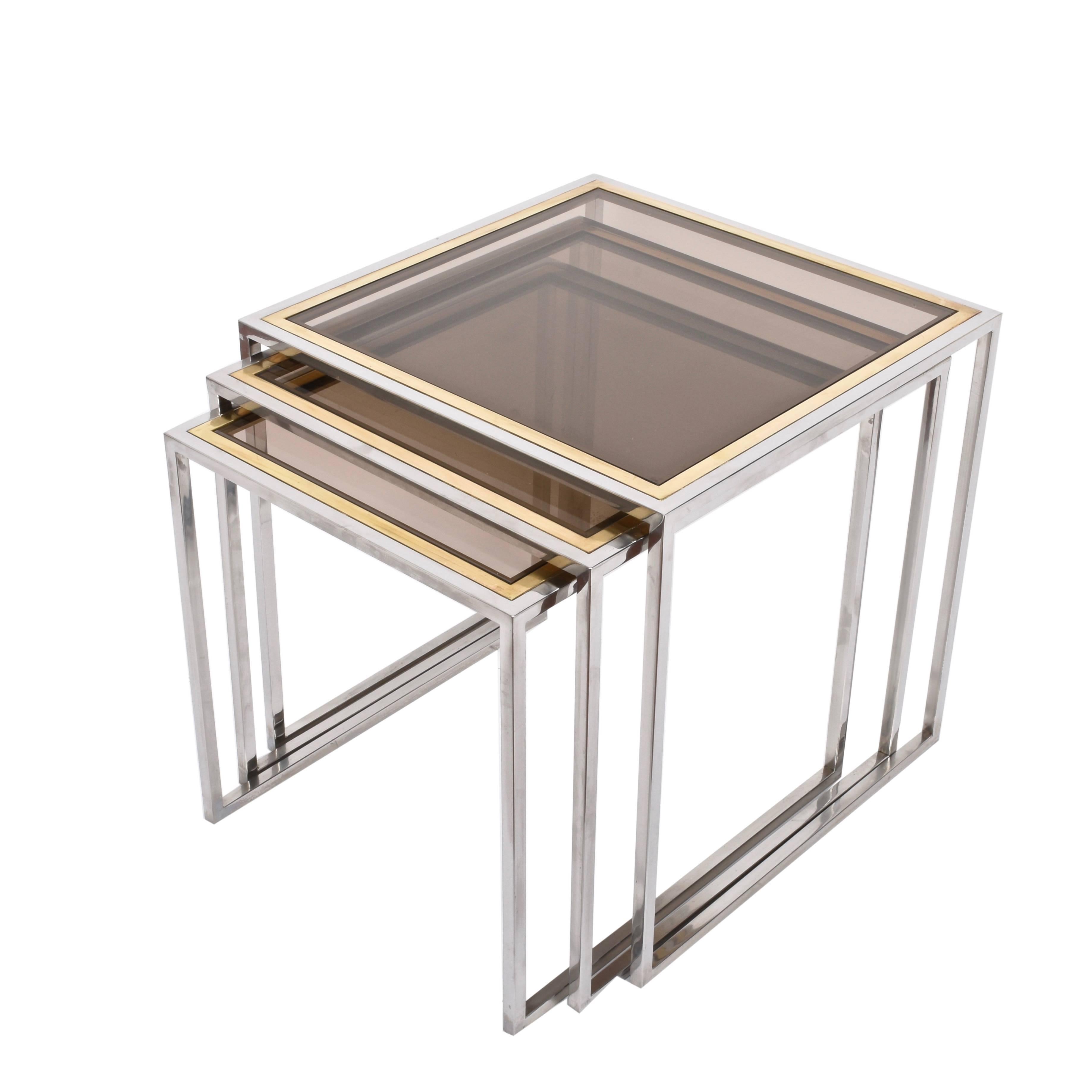 Chrome and Brass Nesting Italian Coffee Tables with Smoked Glass Top, 1970s For Sale 3