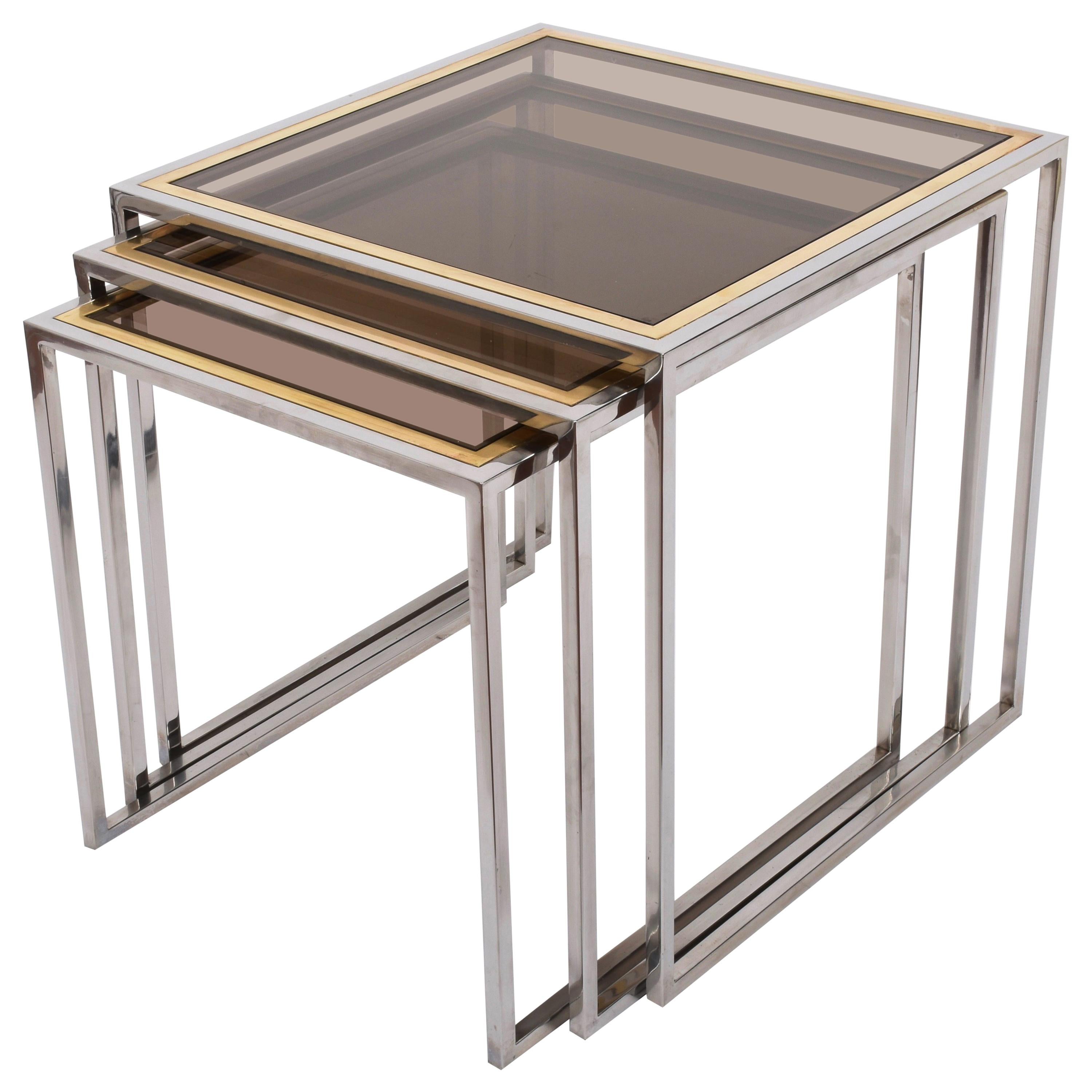 Chrome and Brass Nesting Italian Coffee Tables with Smoked Glass Top, 1970s