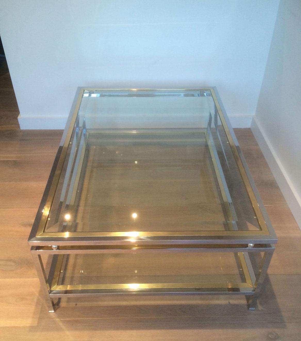 Chrome and Brass Rectangular Coffee Table, French, circa 1970 12