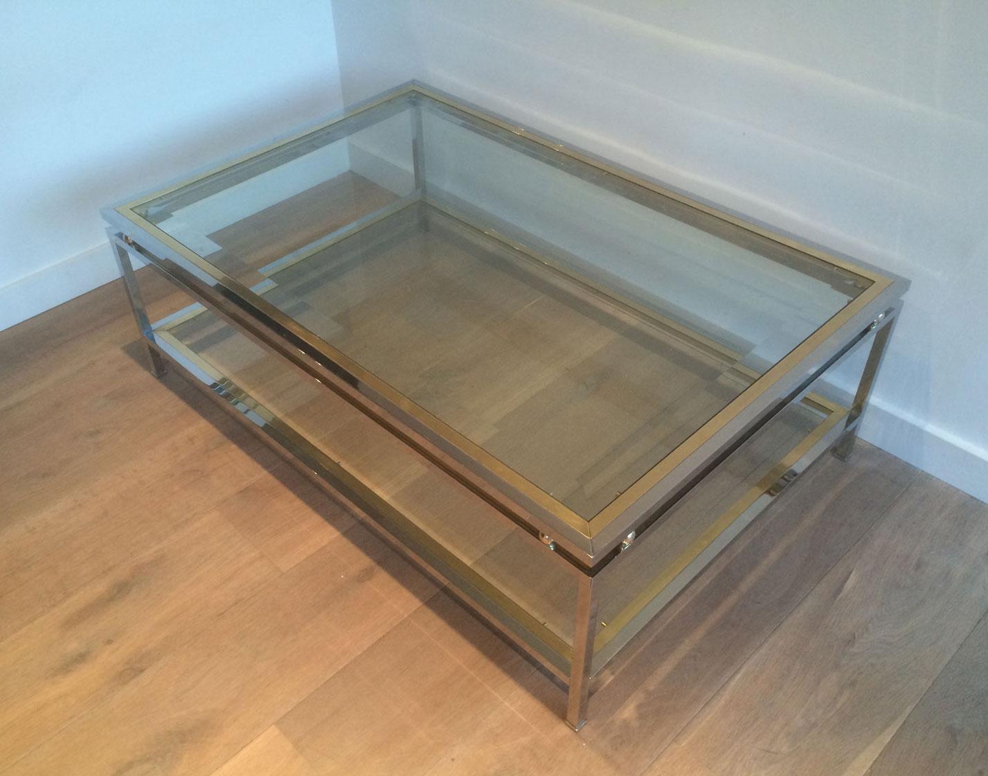 Chrome and Brass Rectangular Coffee Table, French, circa 1970 14