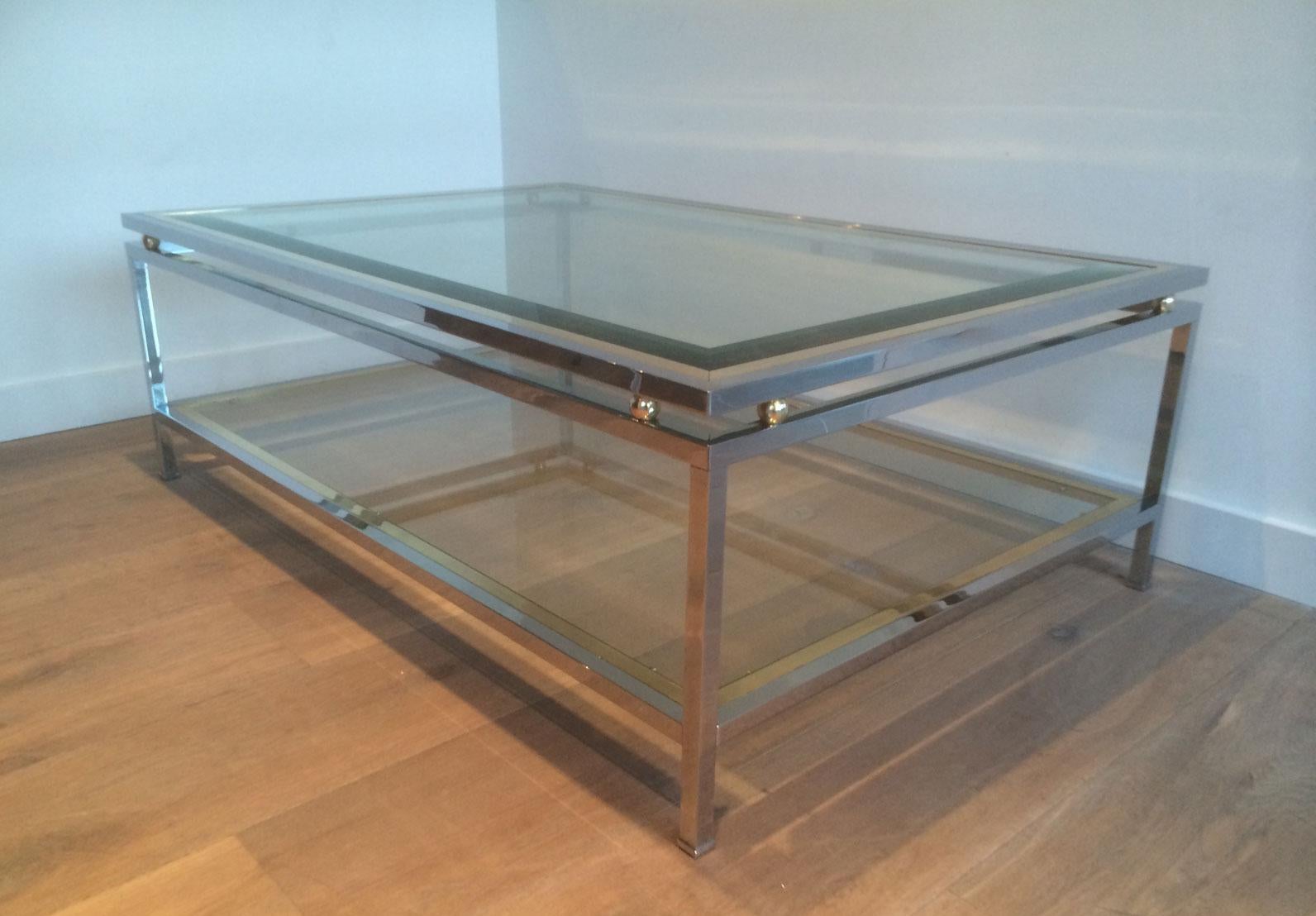 Mid-Century Modern Chrome and Brass Rectangular Coffee Table, French, circa 1970