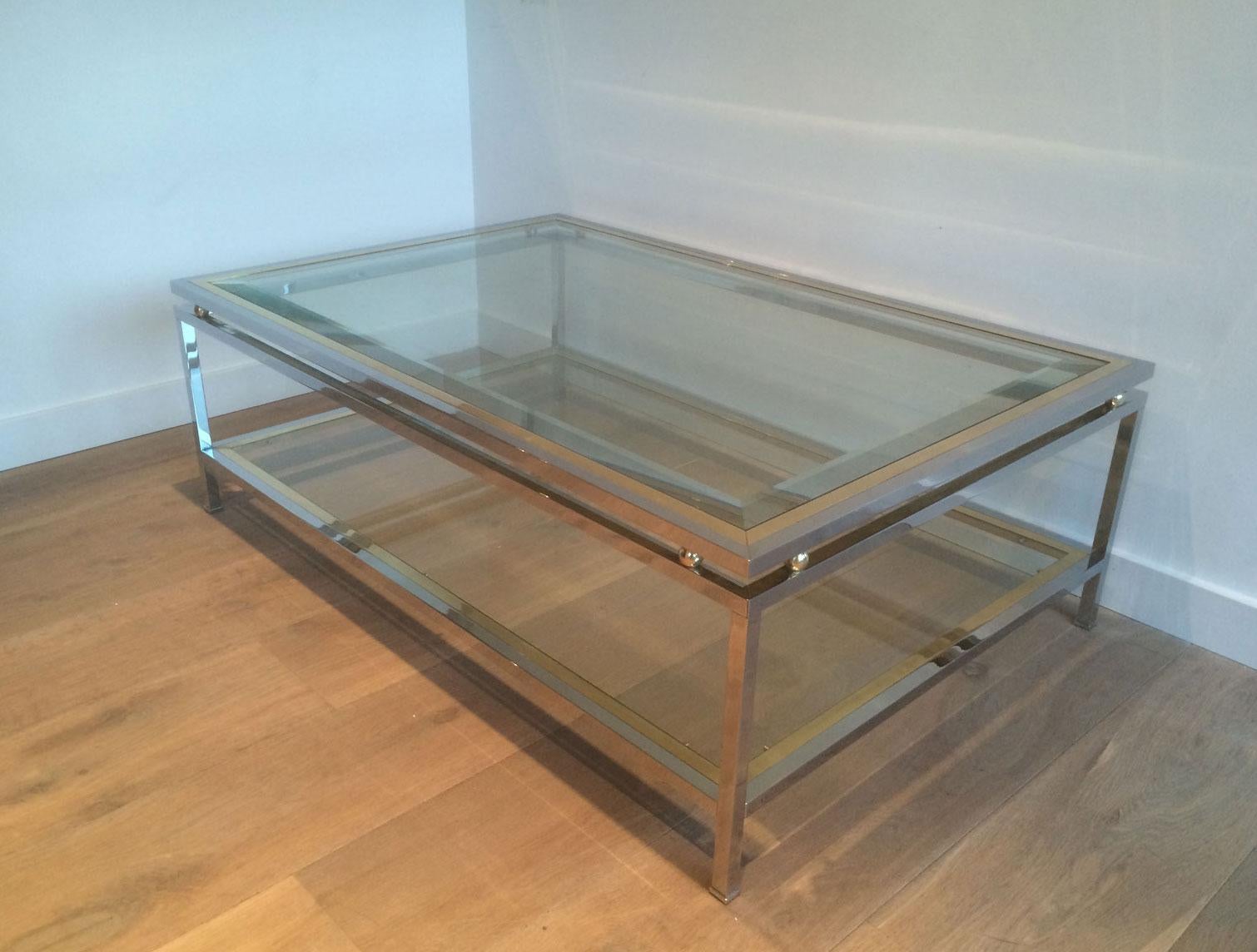 Chrome and Brass Rectangular Coffee Table, French, circa 1970 3