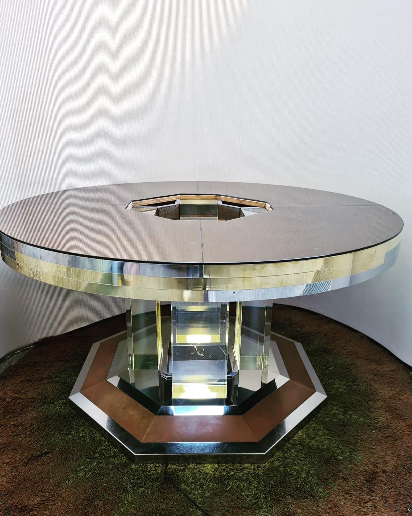 Hollywood Regency Chrome and Brass Round Lighting Table by Sandro Petti for Maison Jansen, 1970s For Sale