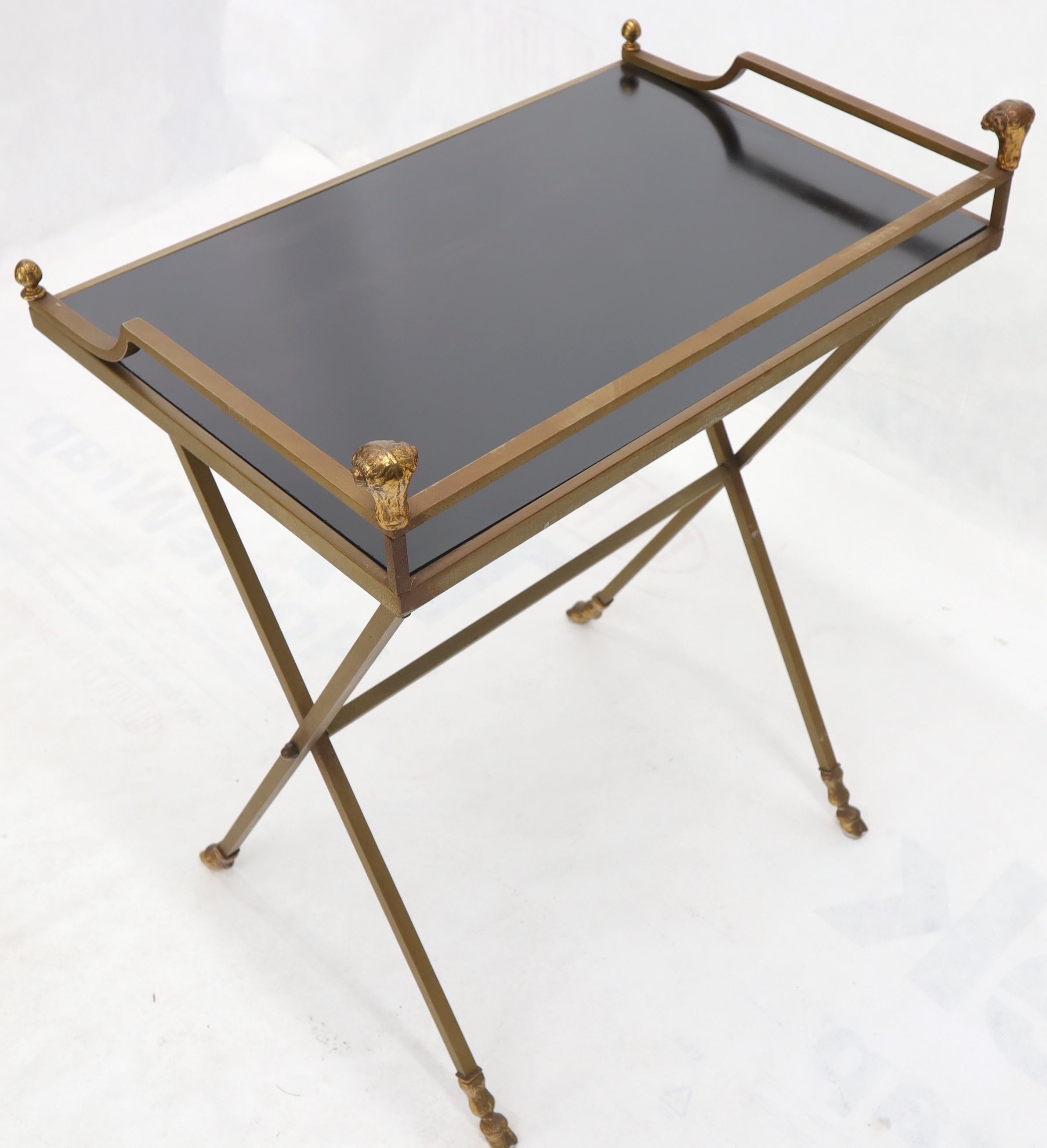 Chrome and Brass X Base Console w/ Gallery Rams Heads Hoof Feet Black Lamiante For Sale 7