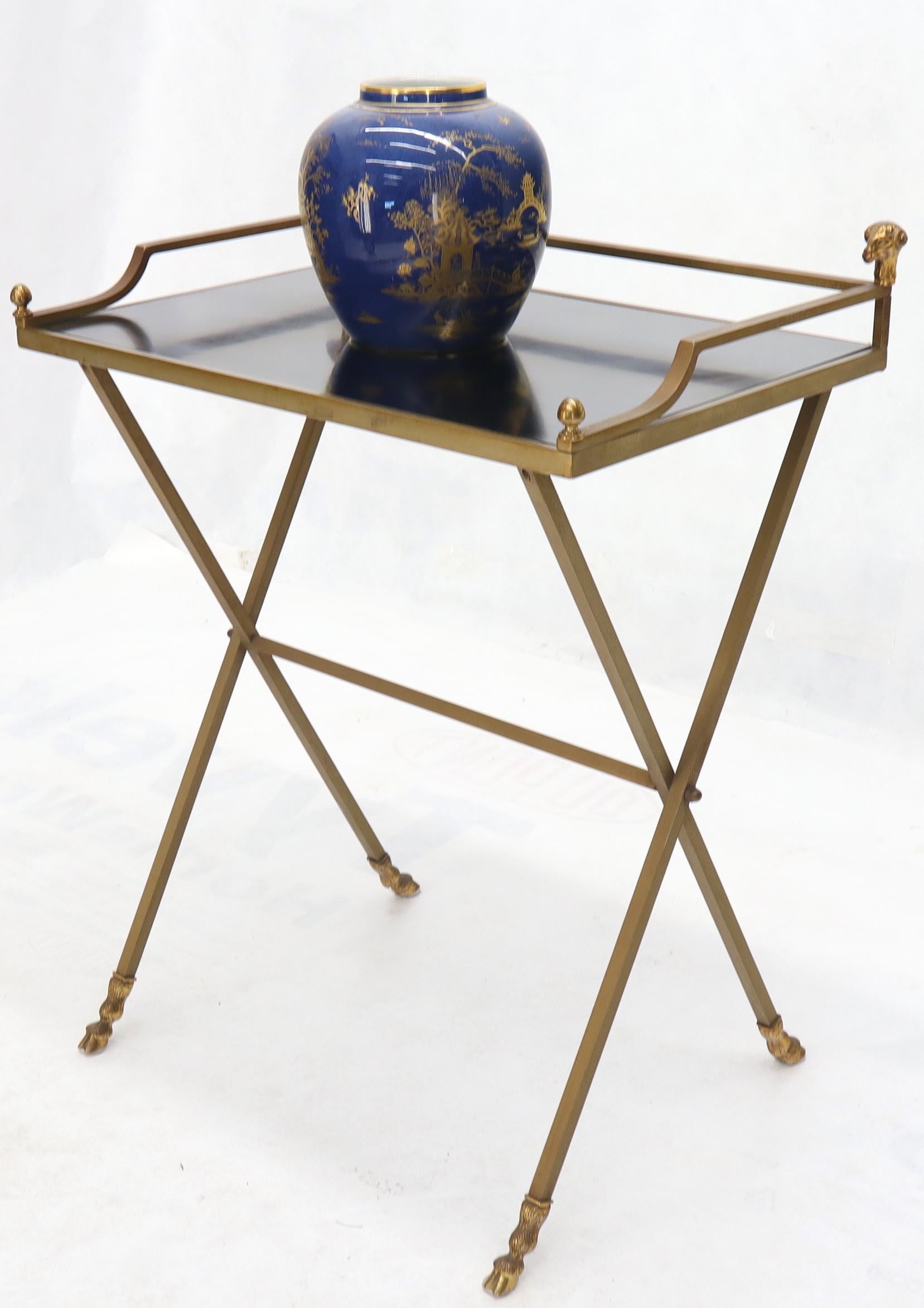 Chrome and Brass X Base Console w/ Gallery Rams Heads Hoof Feet Black Lamiante For Sale 2