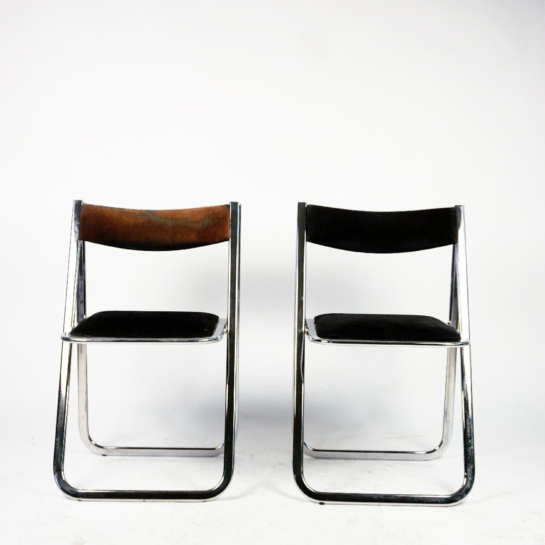 Mid-Century Modern Chrome and Brown and Black Velvet Folding Chairs Tamara by Arrben Italy 1970s For Sale