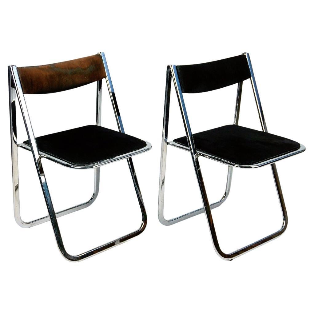 Chrome and Brown and Black Velvet Folding Chairs Tamara by Arrben Italy 1970s
