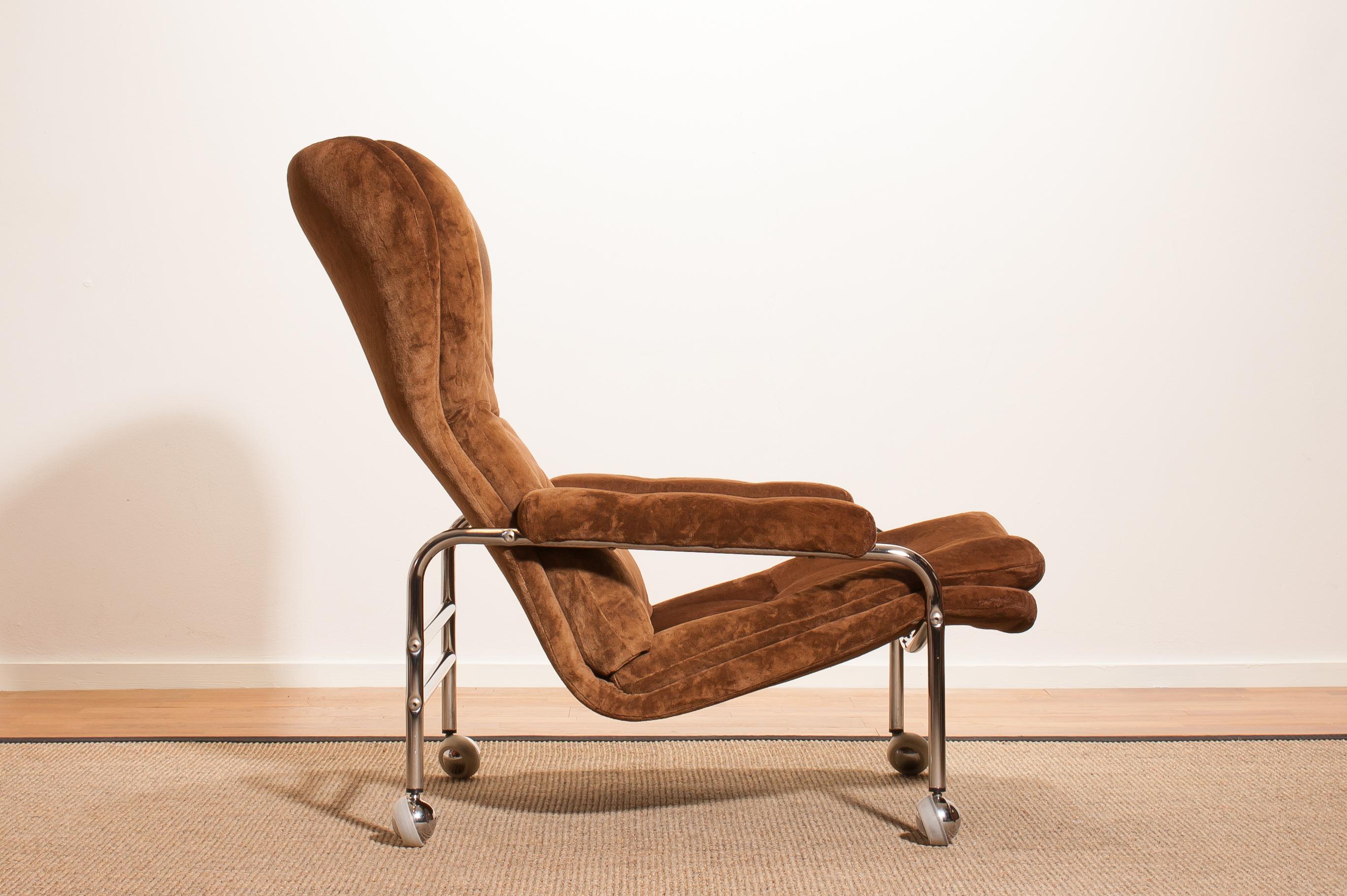 Chrome and Brown Velours Fabric Lounge Chair by Scapa Rydaholm Sweden 4