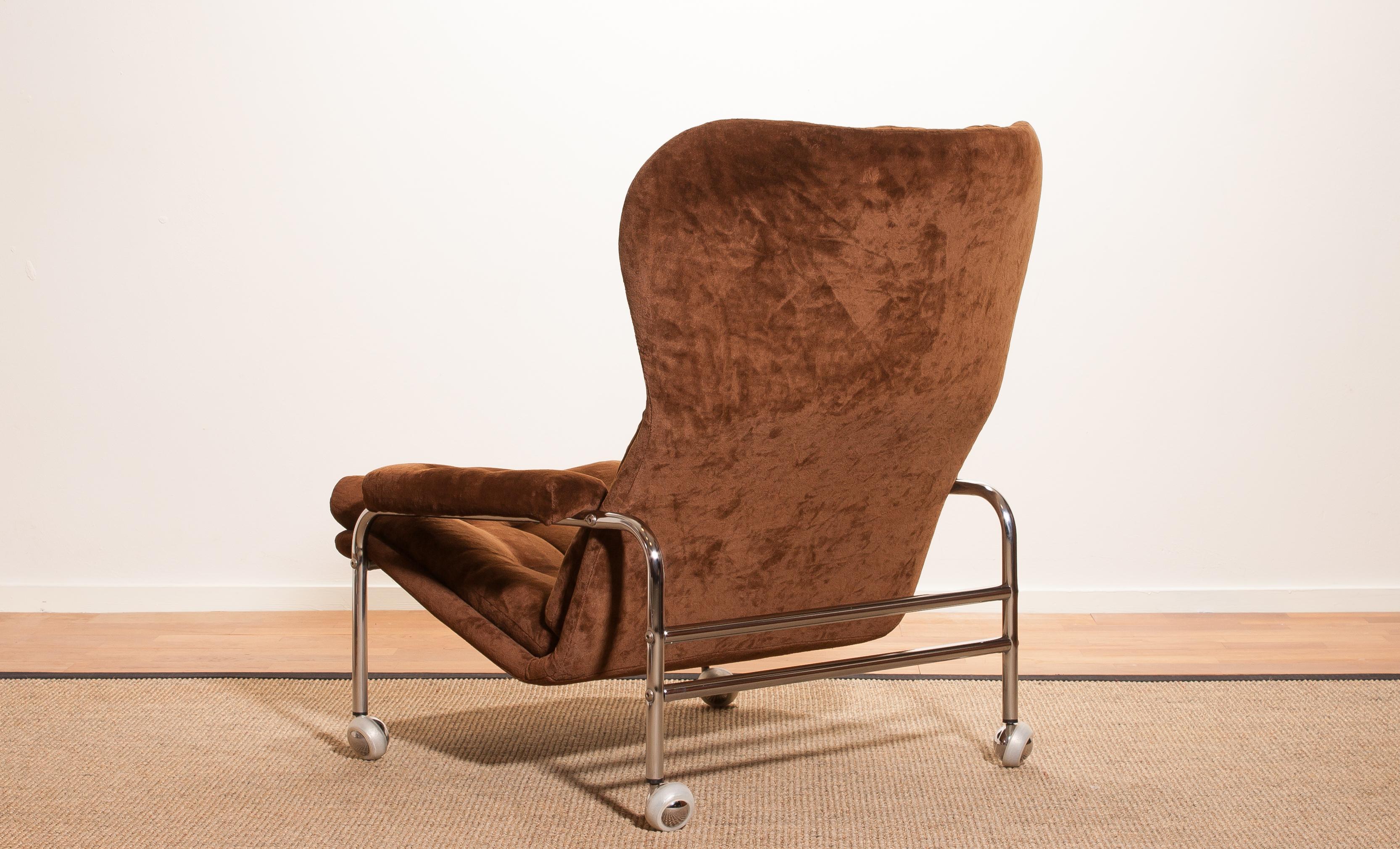 Swedish Chrome and Brown Velours Fabric Lounge Chair by Scapa Rydaholm, Sweden