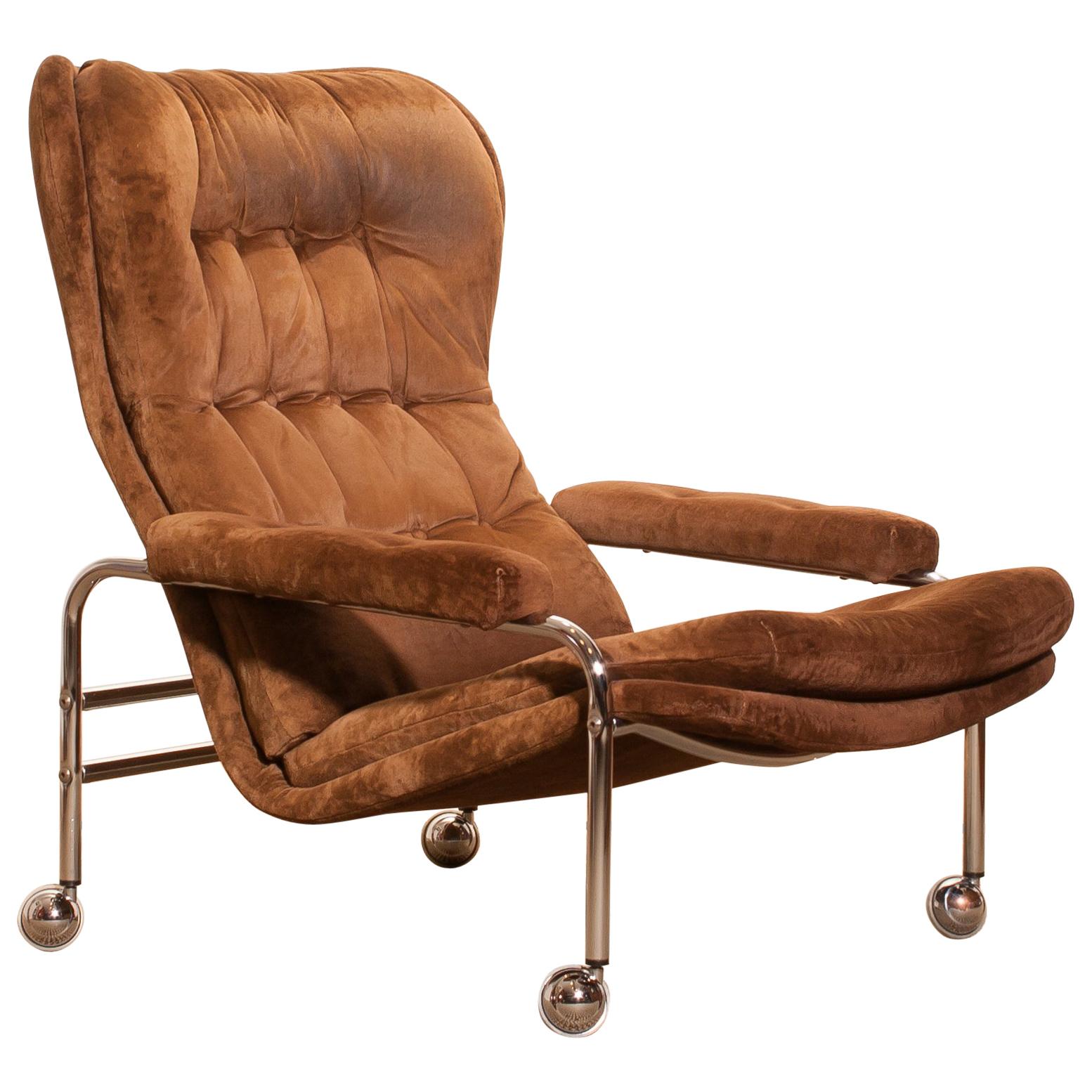 Mid-Century Modern 1970s. Chrome and Brown Velours Fabric Lounge Chair by Sapa Rydaholm, Sweden