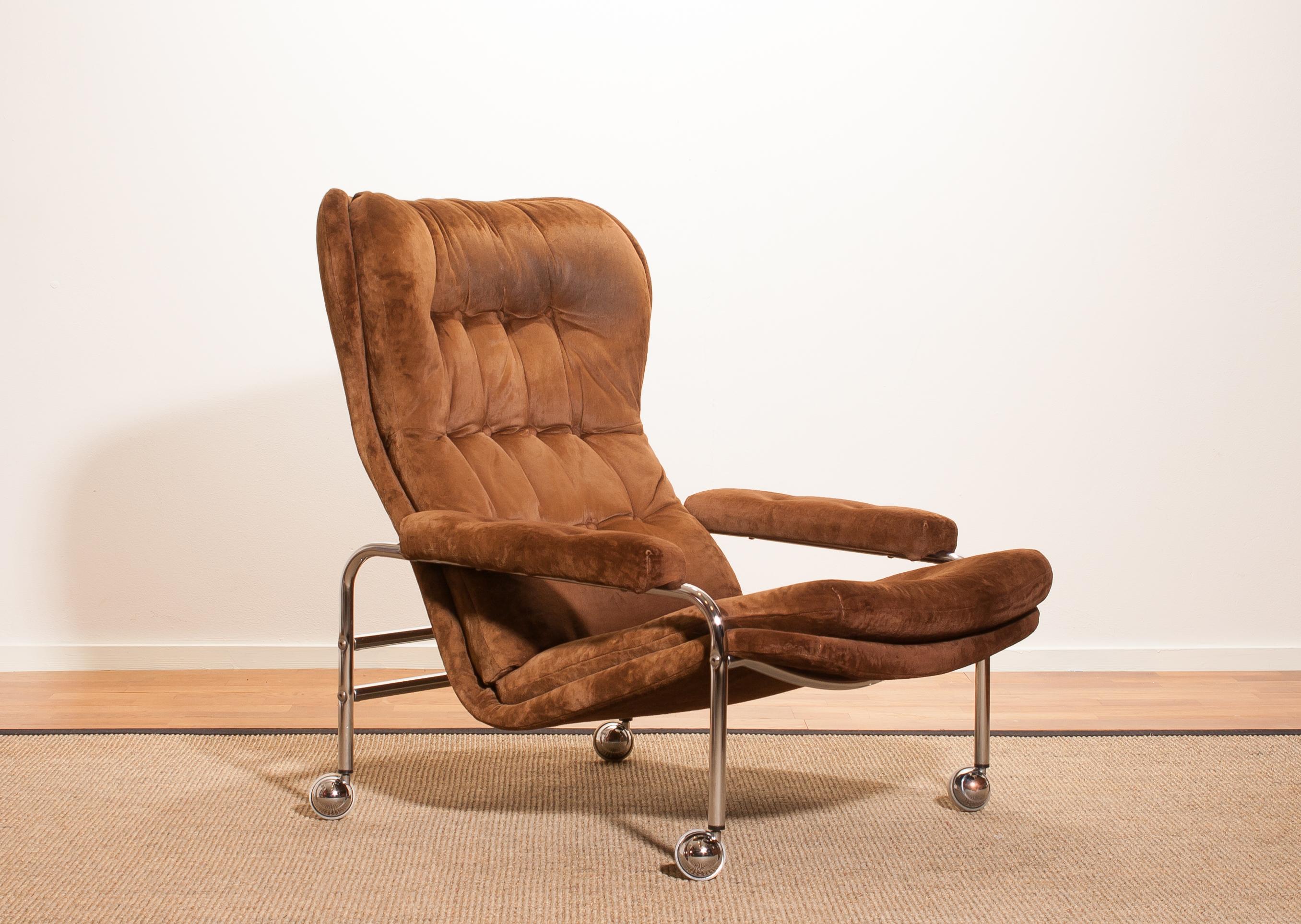 Late 20th Century Chrome and Brown Velours Fabric Lounge Chair by Scapa Rydaholm, Sweden