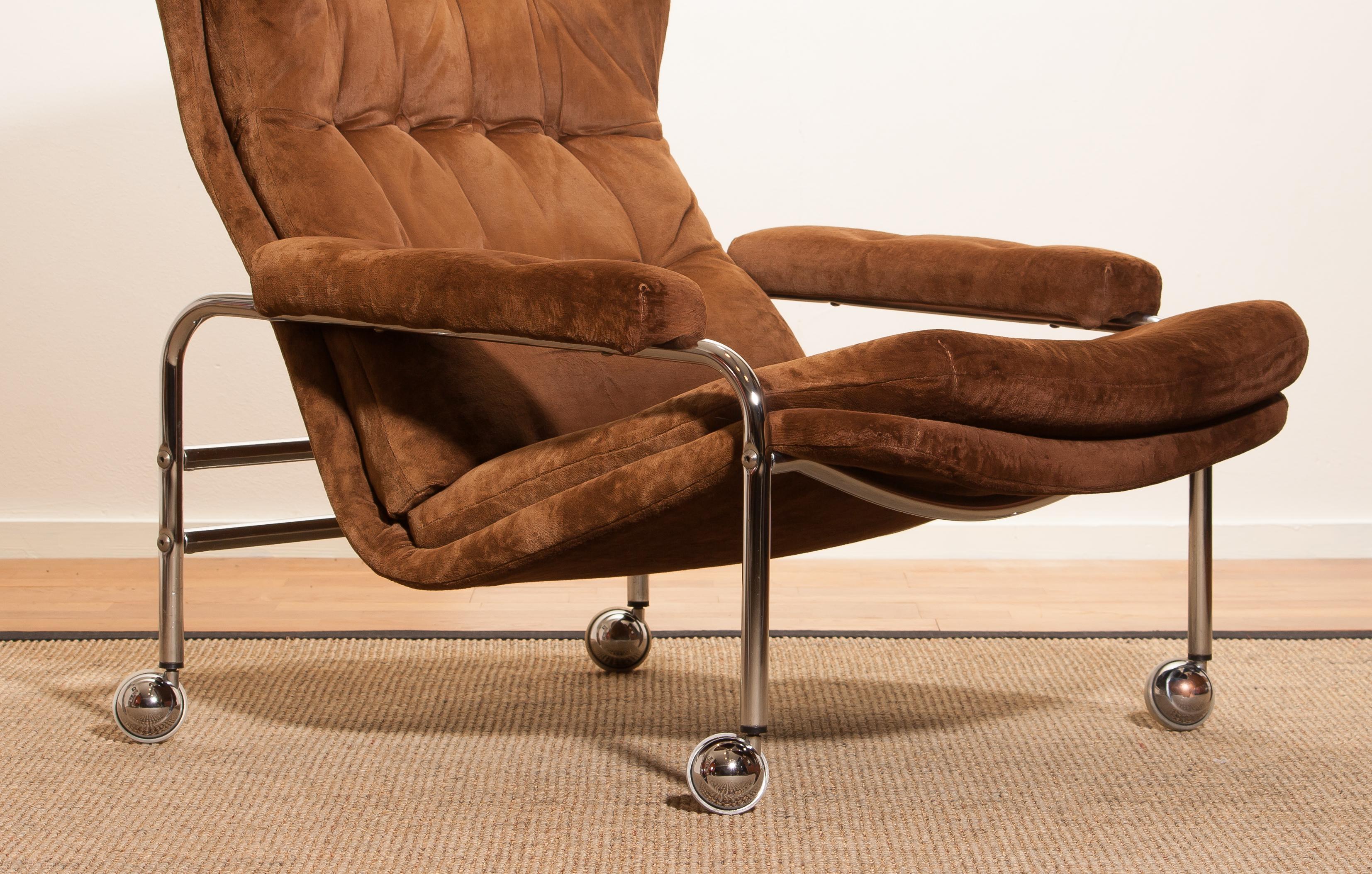 Velvet 1970s. Chrome and Brown Velours Fabric Lounge Chair by Sapa Rydaholm, Sweden