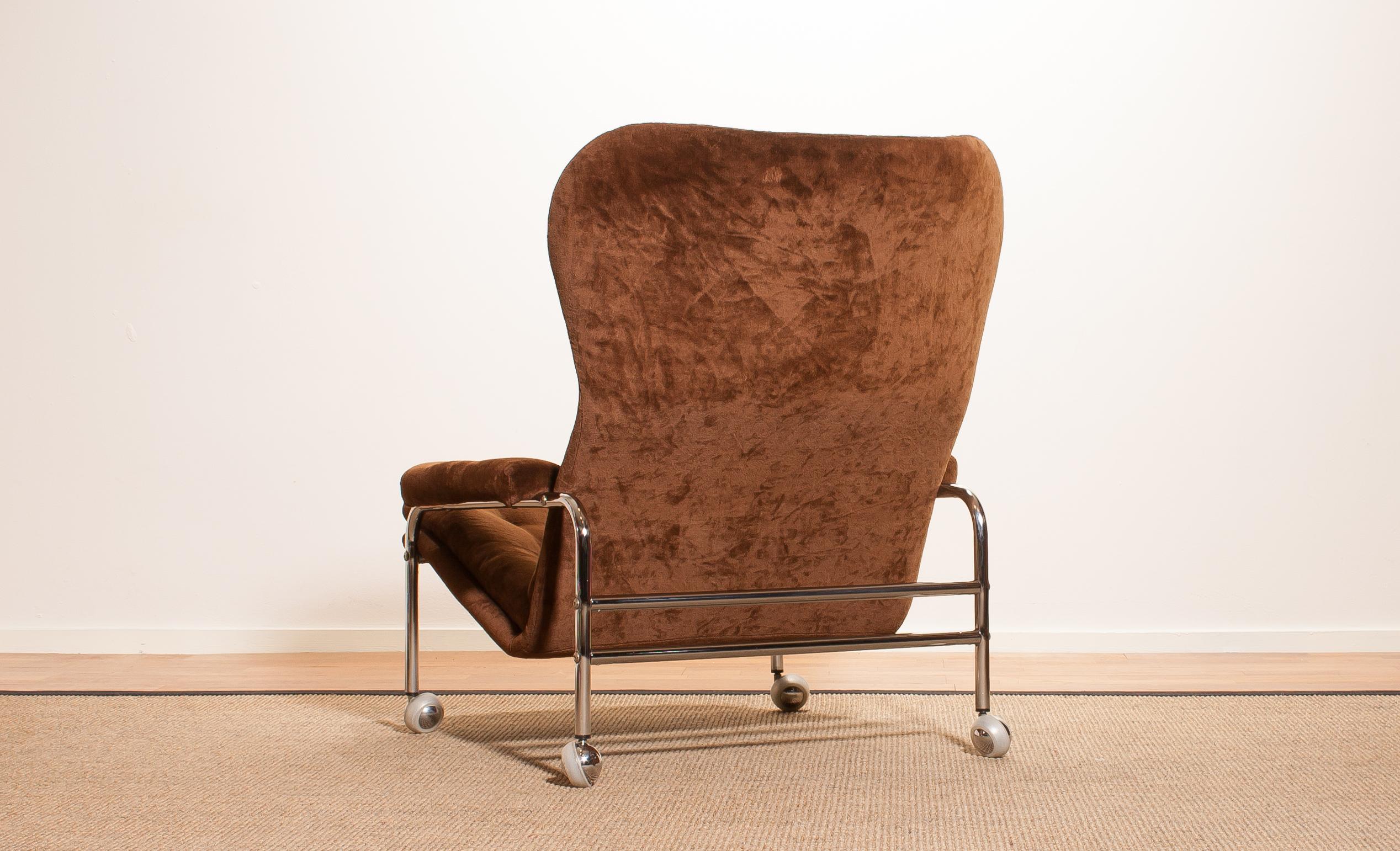 Chrome and Brown Velours Fabric Lounge Chair by Scapa Rydaholm Sweden 2