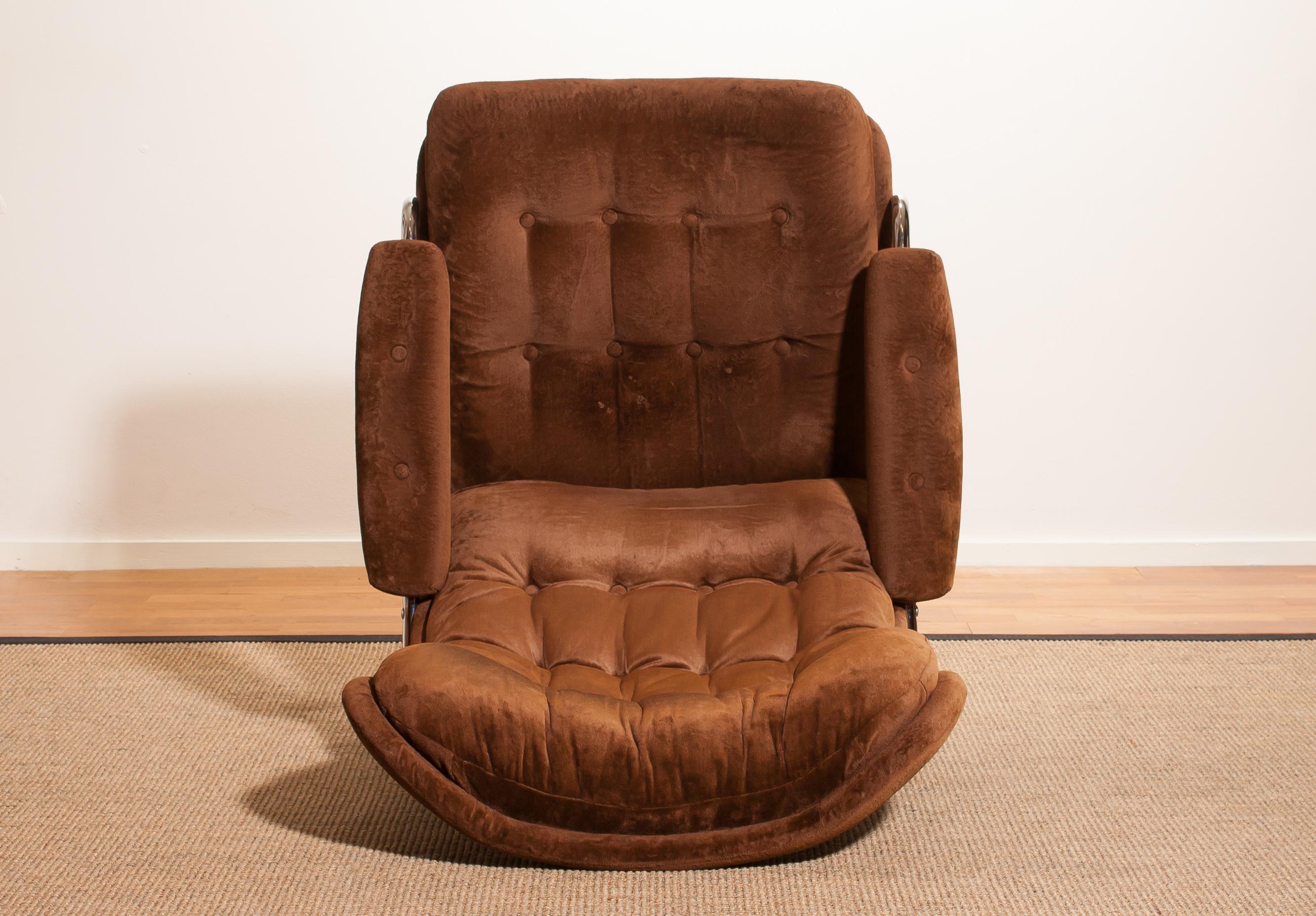 Chrome and Brown Velours Fabric Lounge Chair by Scapa Rydaholm Sweden 3