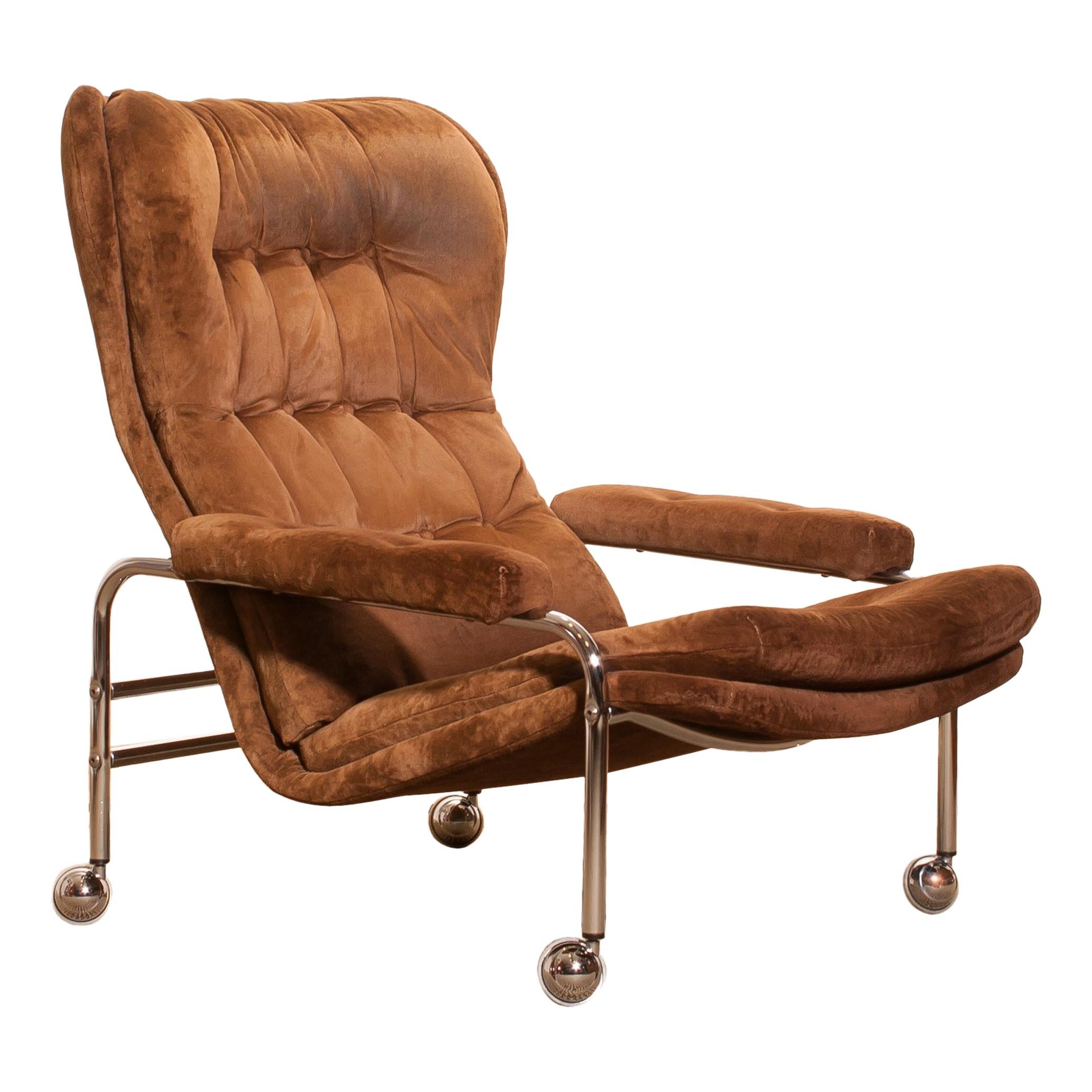 Chrome and Brown Velours Fabric Lounge Chair by Scapa Rydaholm, Sweden