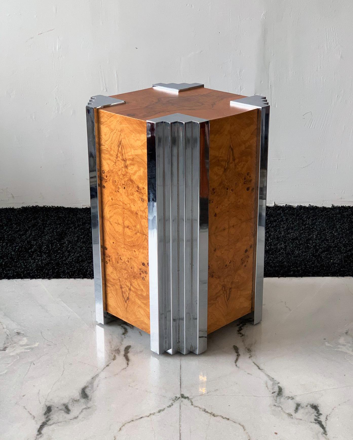 Art Deco Chrome and Burl Skyscraper Pedestal Dining Table in the Style of Milo Baughman
