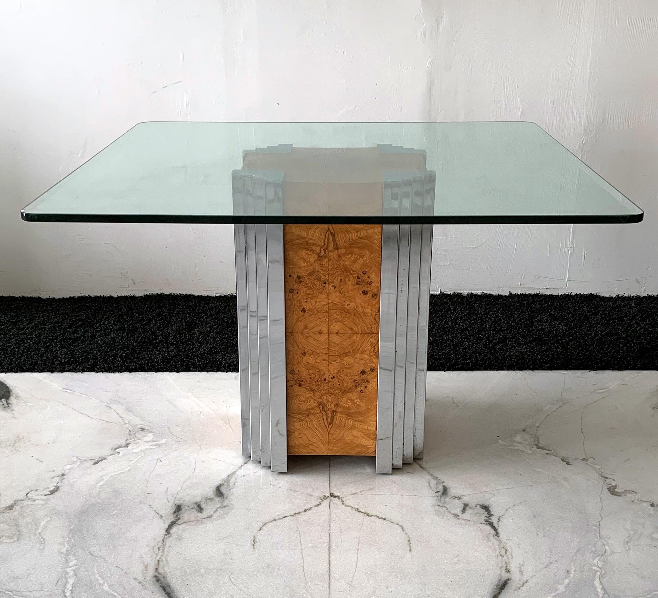 Chrome and Burl Skyscraper Pedestal Dining Table in the Style of Milo Baughman 2