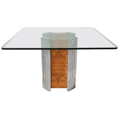 Chrome and Burl Skyscraper Pedestal Dining Table in the Style of Milo Baughman