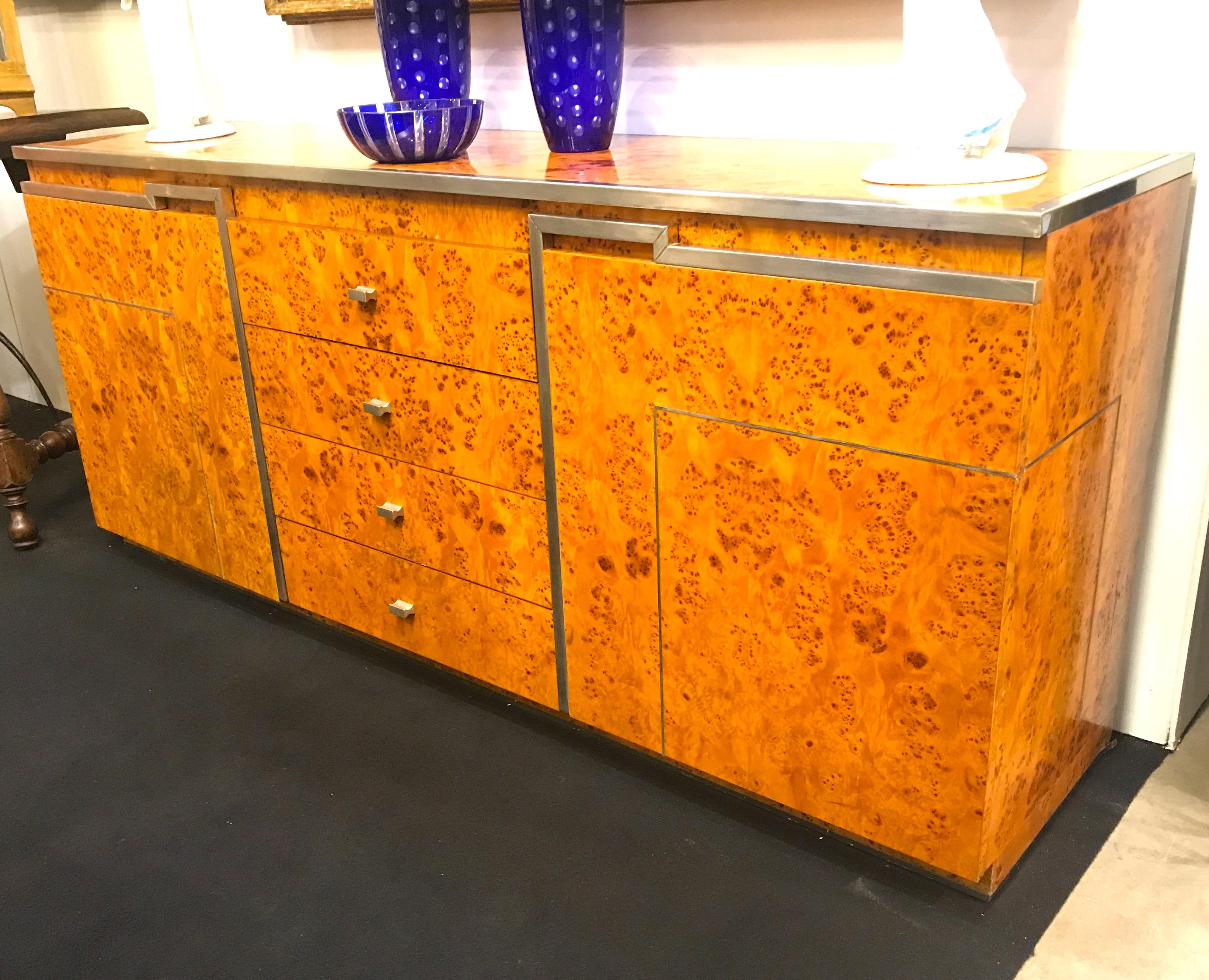 Chrome and Burl Wood Credenza in the Style of Willy Rizzo, Italy, 1970 For Sale 3