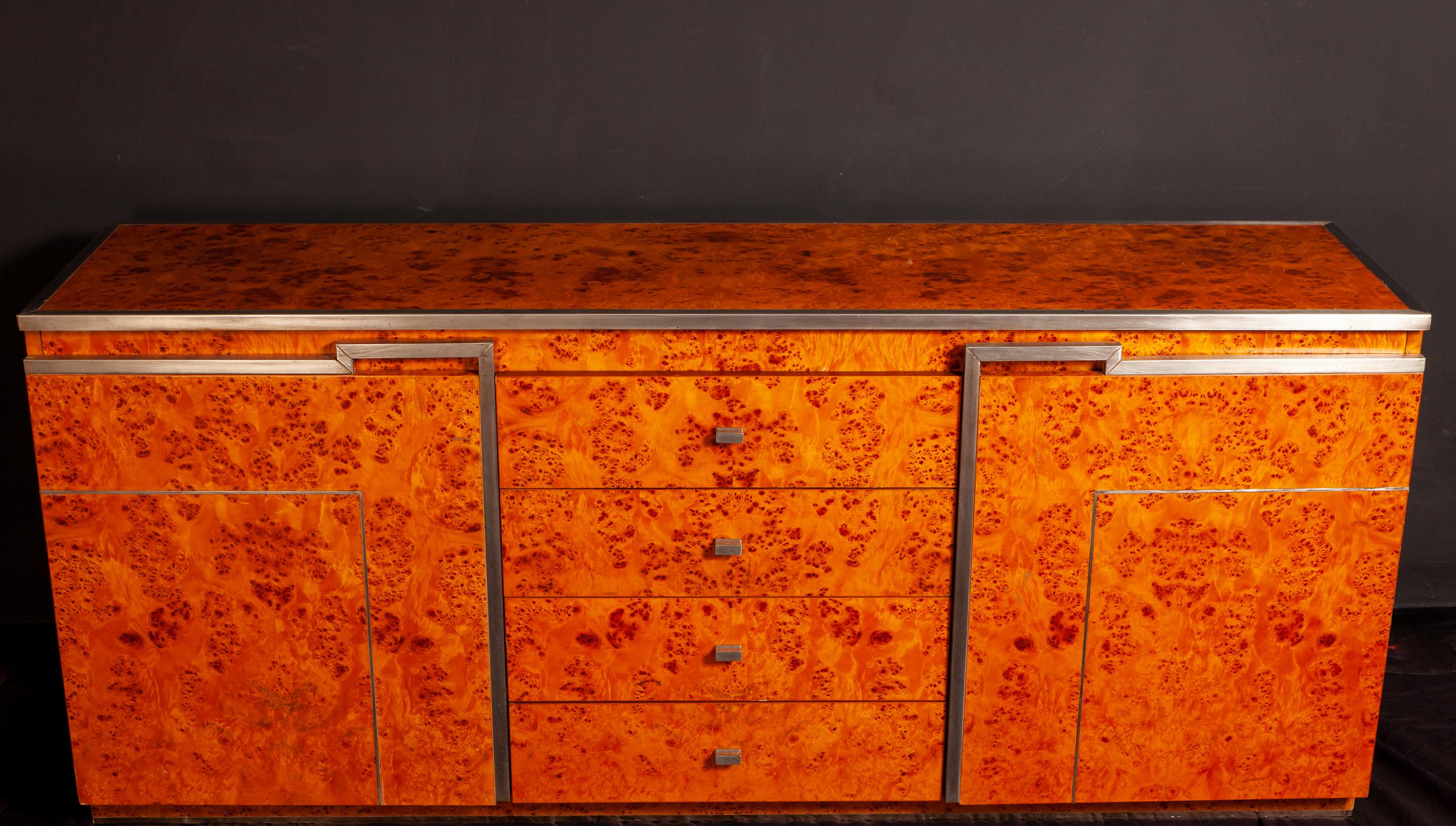 Chrome and Burl Wood Credenza in the Style of Willy Rizzo, Italy, 1970 For Sale 5