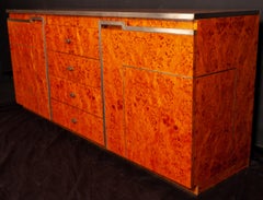 Chrome and Burl Wood Credenza in the Style of Willy Rizzo, Italy, 1970