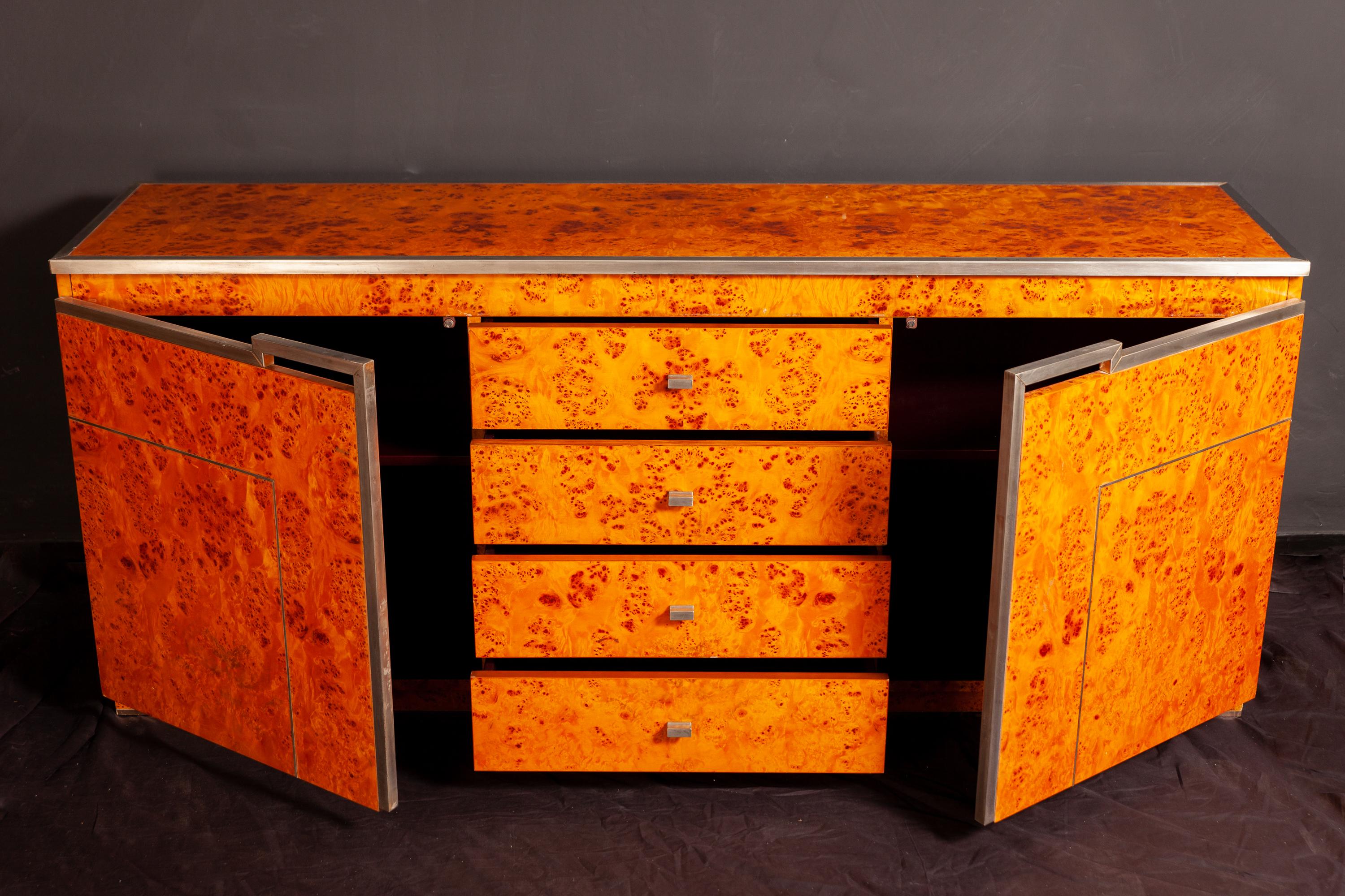 Mid-Century Modern Crédence en chrome et bois de ronce dans le style de Willy Rizzo, Italie, 1970 en vente