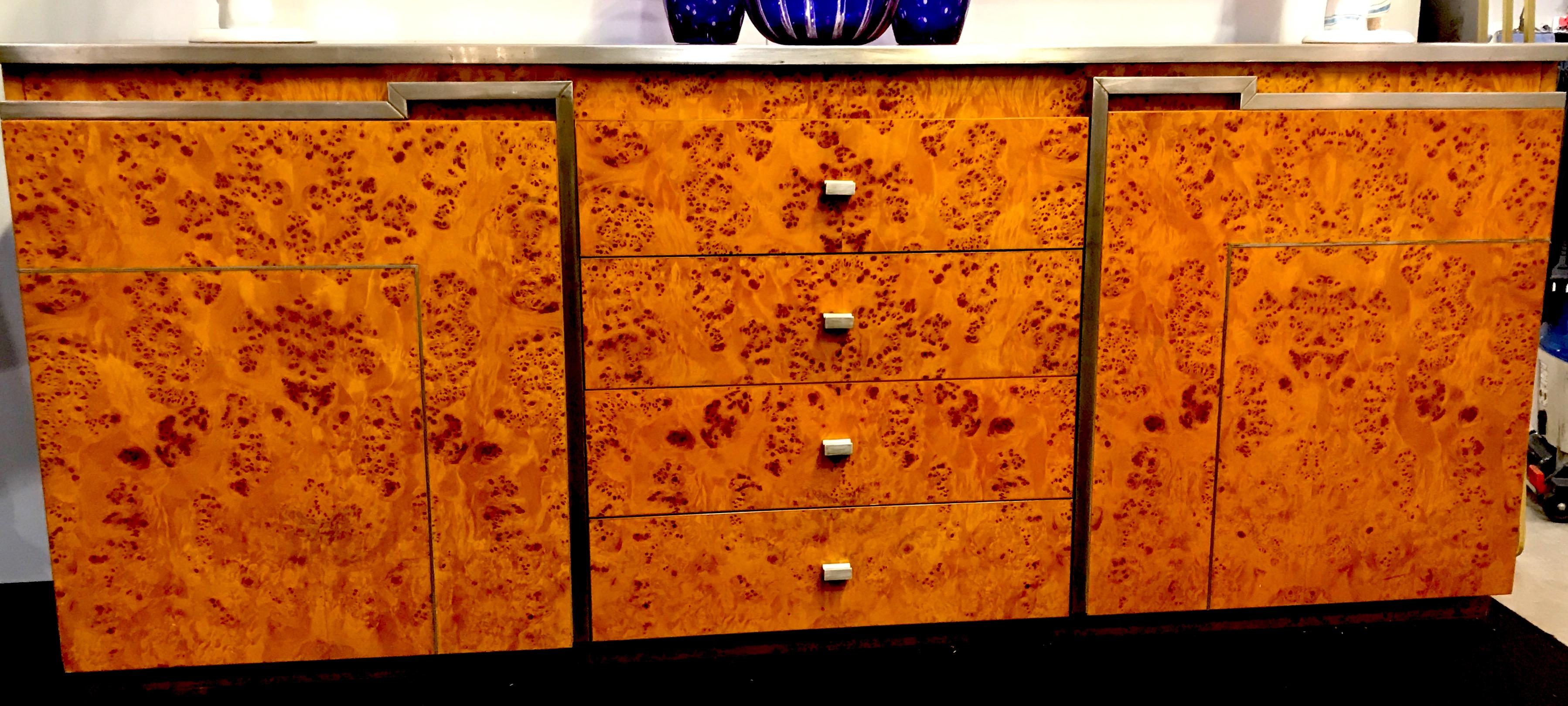 Chrome and Burl Wood Credenza in the Style of Willy Rizzo, Italy, 1970 For Sale 1