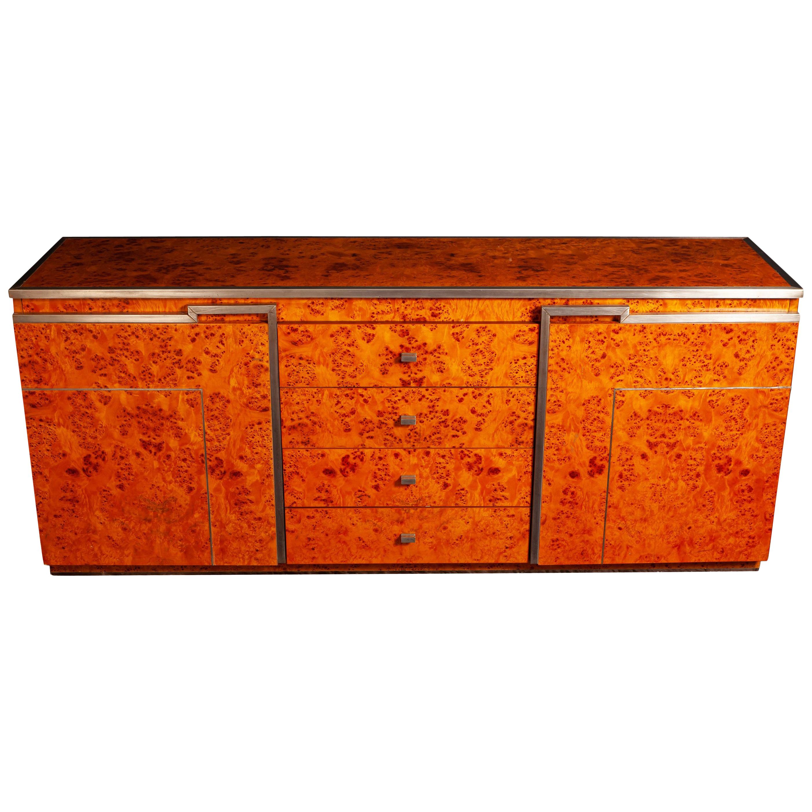 Credenza in cromo e legno di radica nello stile di Willy Rizzo, Italia, 1970