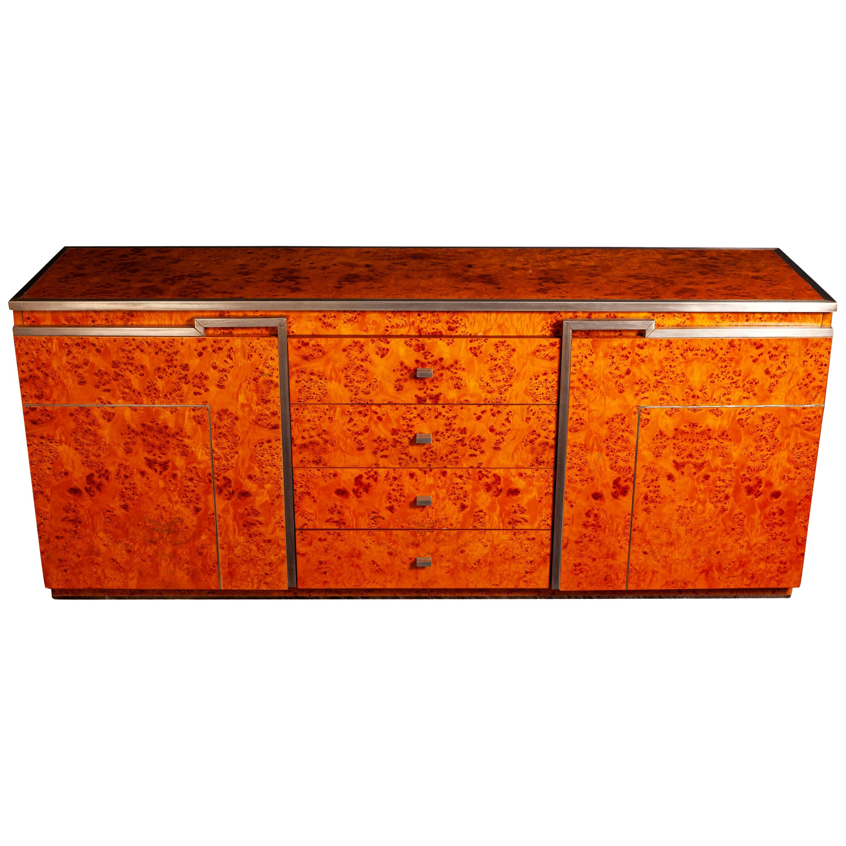 Chrome and Burl Wood Credenza in the Style of Willy Rizzo, Italy, 1970 For Sale