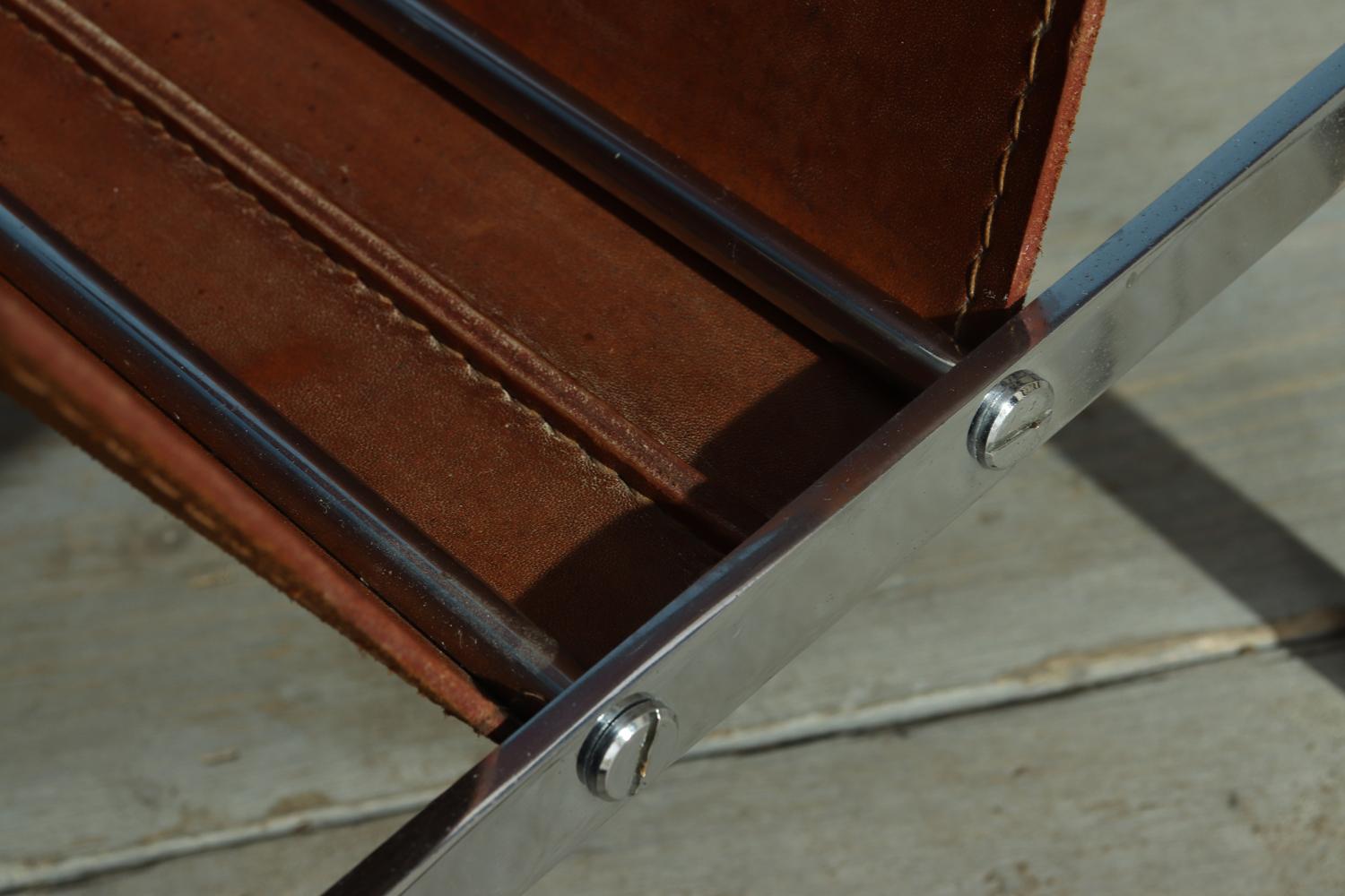 Chrome and Coach Leather Magazine Rack, cira 1960 4