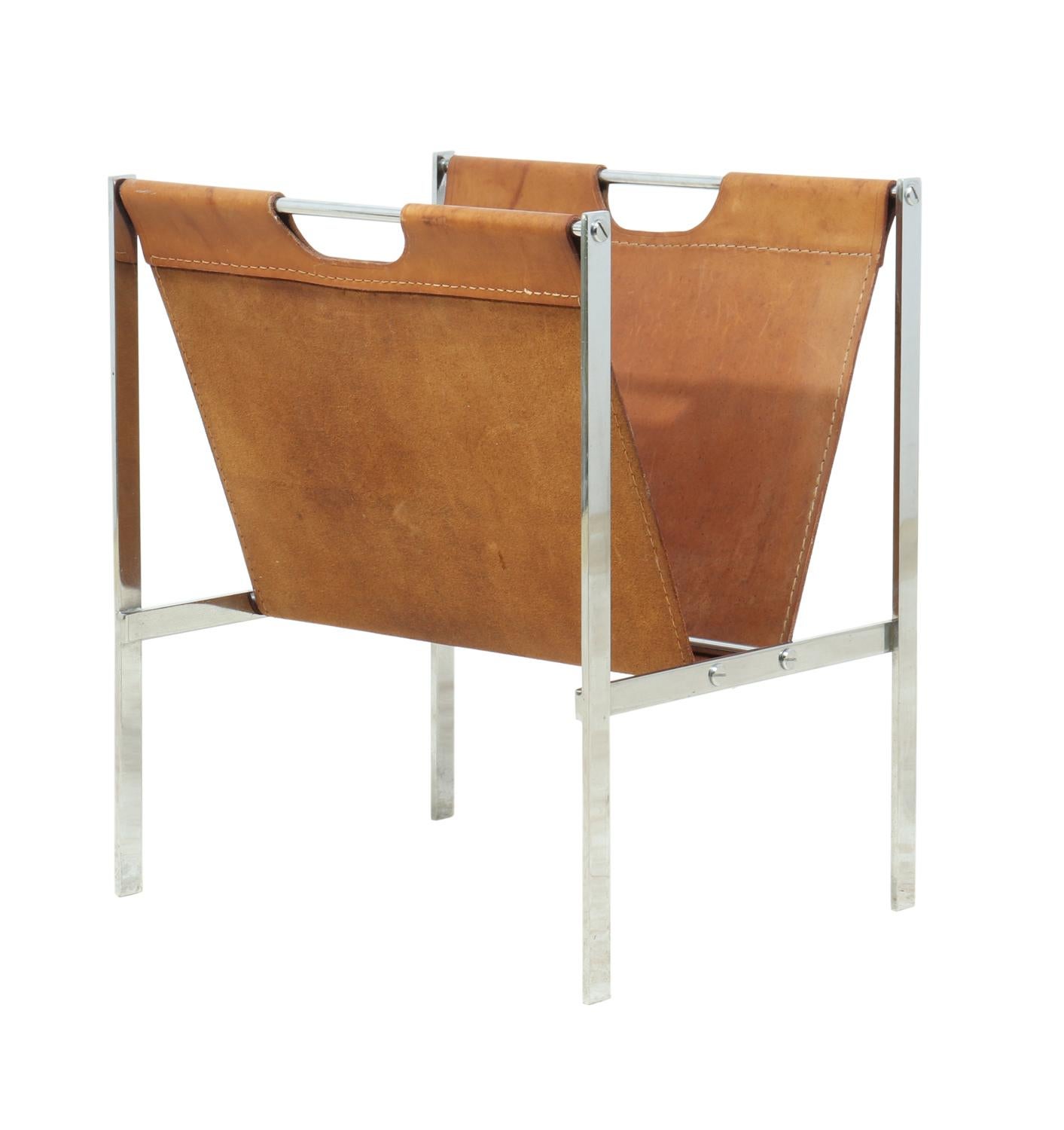 Chrome and Coach Leather Magazine Rack, cira 1960 6