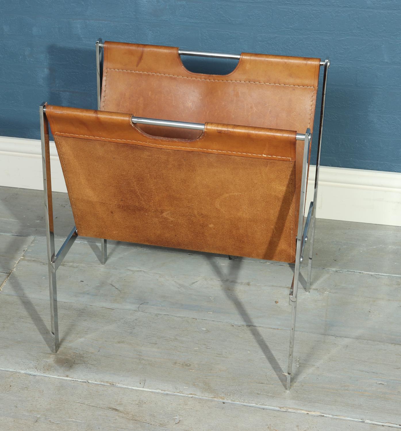 French Chrome and Coach Leather Magazine Rack, cira 1960