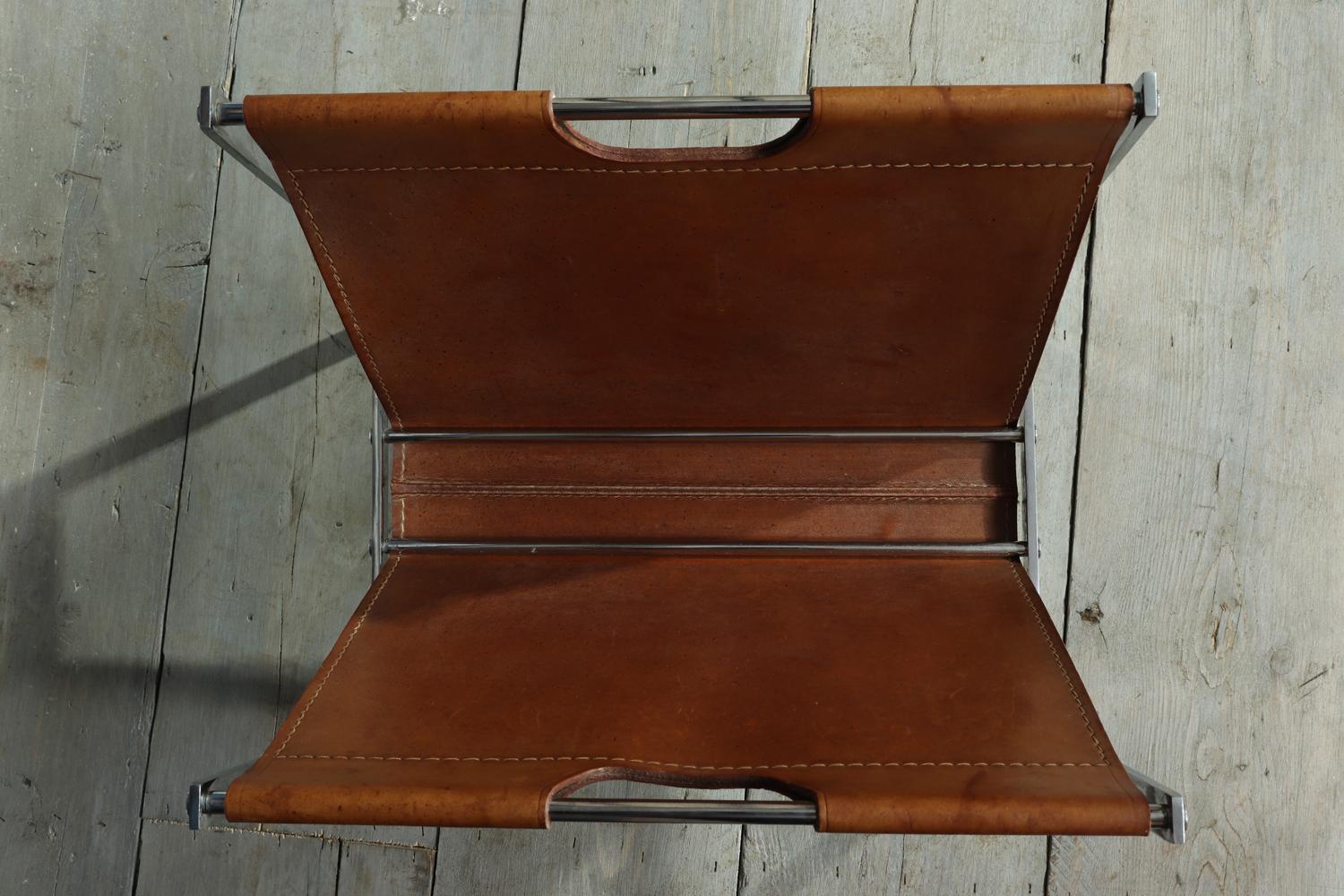 Chrome and Coach Leather Magazine Rack, cira 1960 1