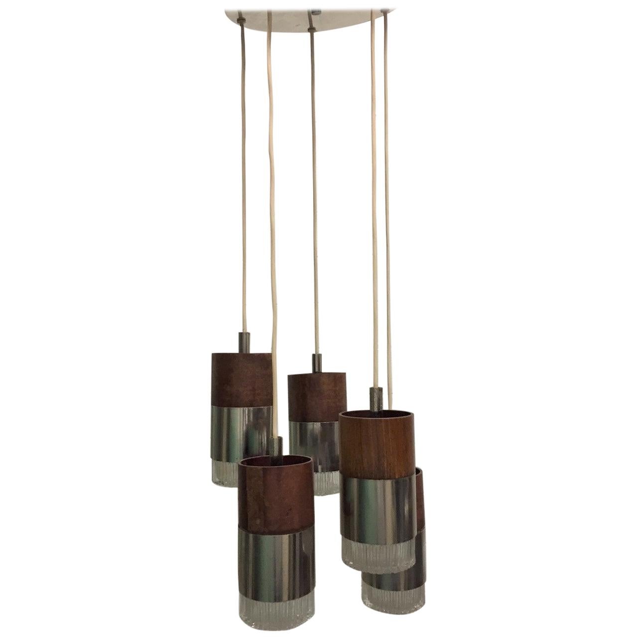 Chrome and Faceted Glass Five-Pendant Light Fixture For Sale