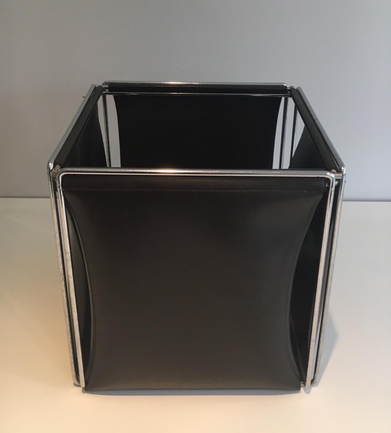 Mid-Century Modern Chrome and Faux-Leather Waste Paper Basket, French Work, Circa 1970 For Sale
