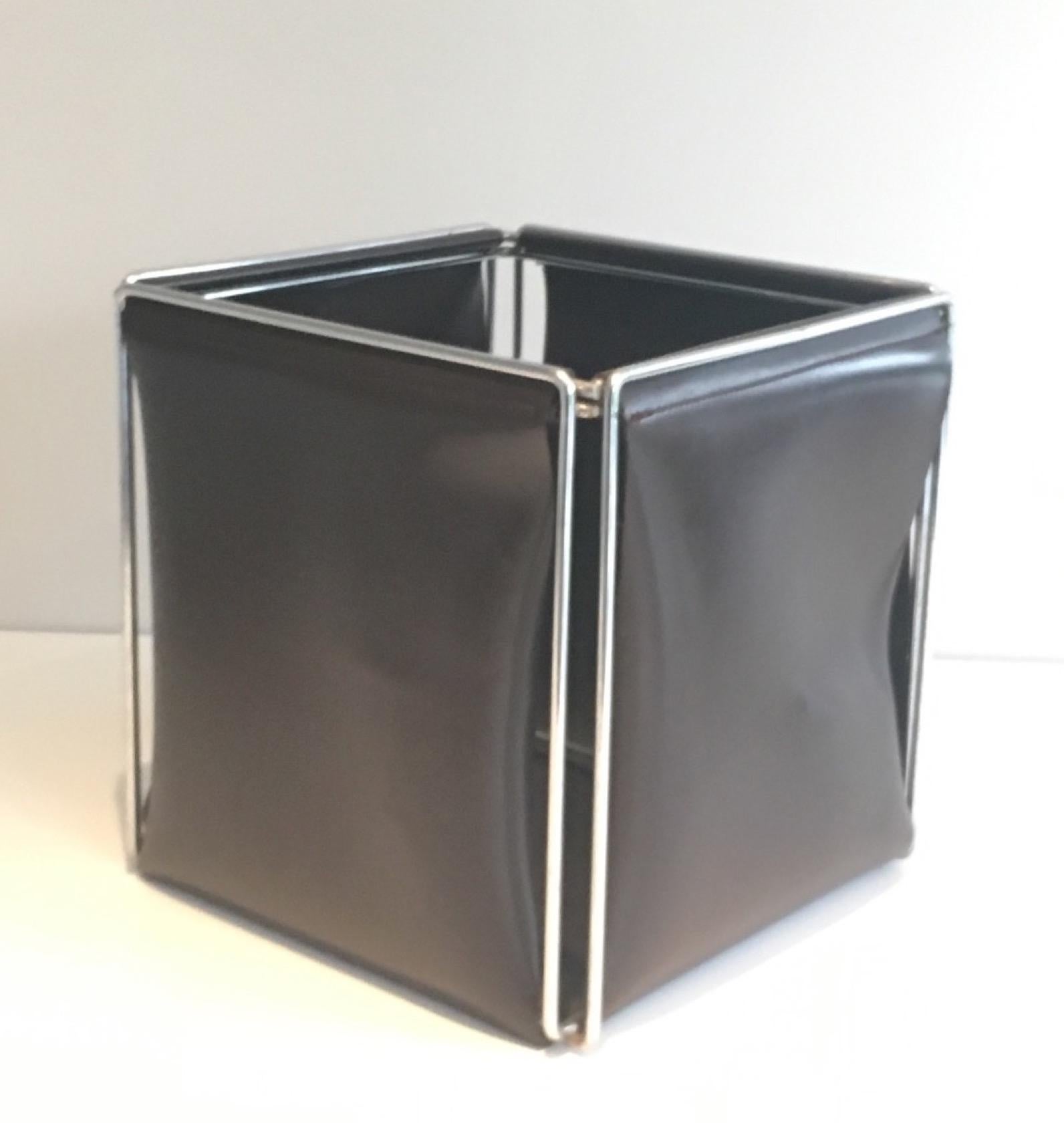 Chrome and Faux-Leather Waste Paper Basket, French Work, Circa 1970 For Sale 1