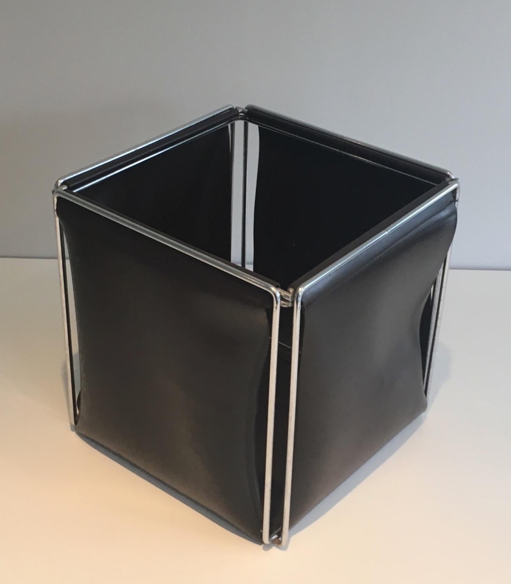 Chrome and Faux-Leather Waste Paper Basket, French Work, Circa 1970 For Sale 2