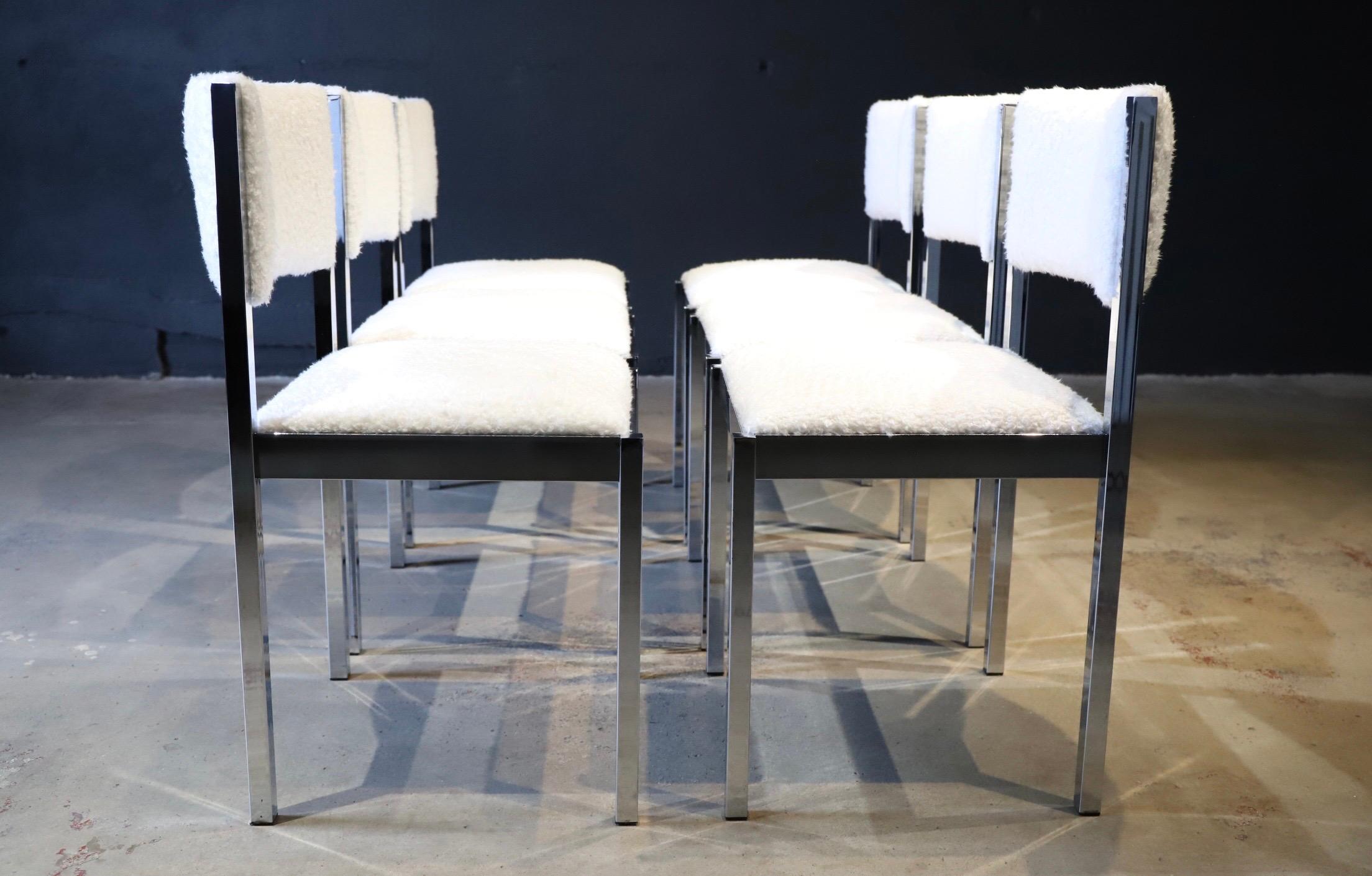 Chrome and Faux Sheepskin Dining Chairs by Daystrom 3