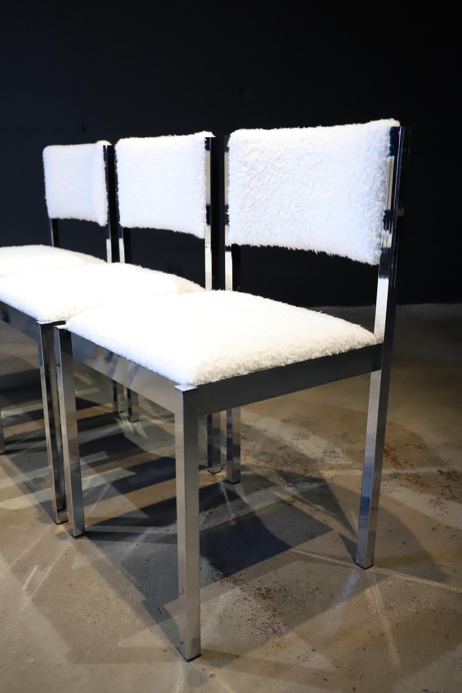 Mid-Century Modern Chrome and Faux Sheepskin Dining Chairs by Daystrom