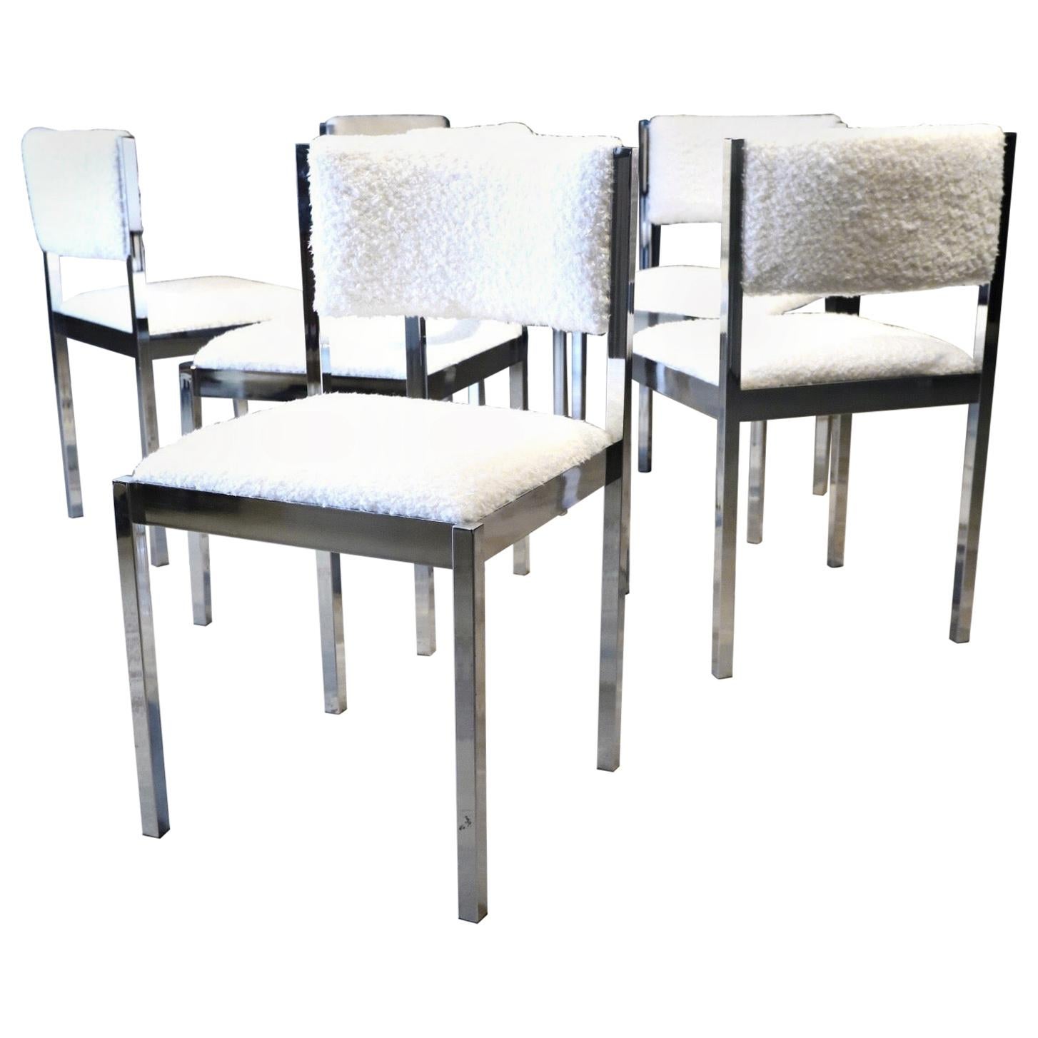 Chrome and Faux Sheepskin Dining Chairs by Daystrom
