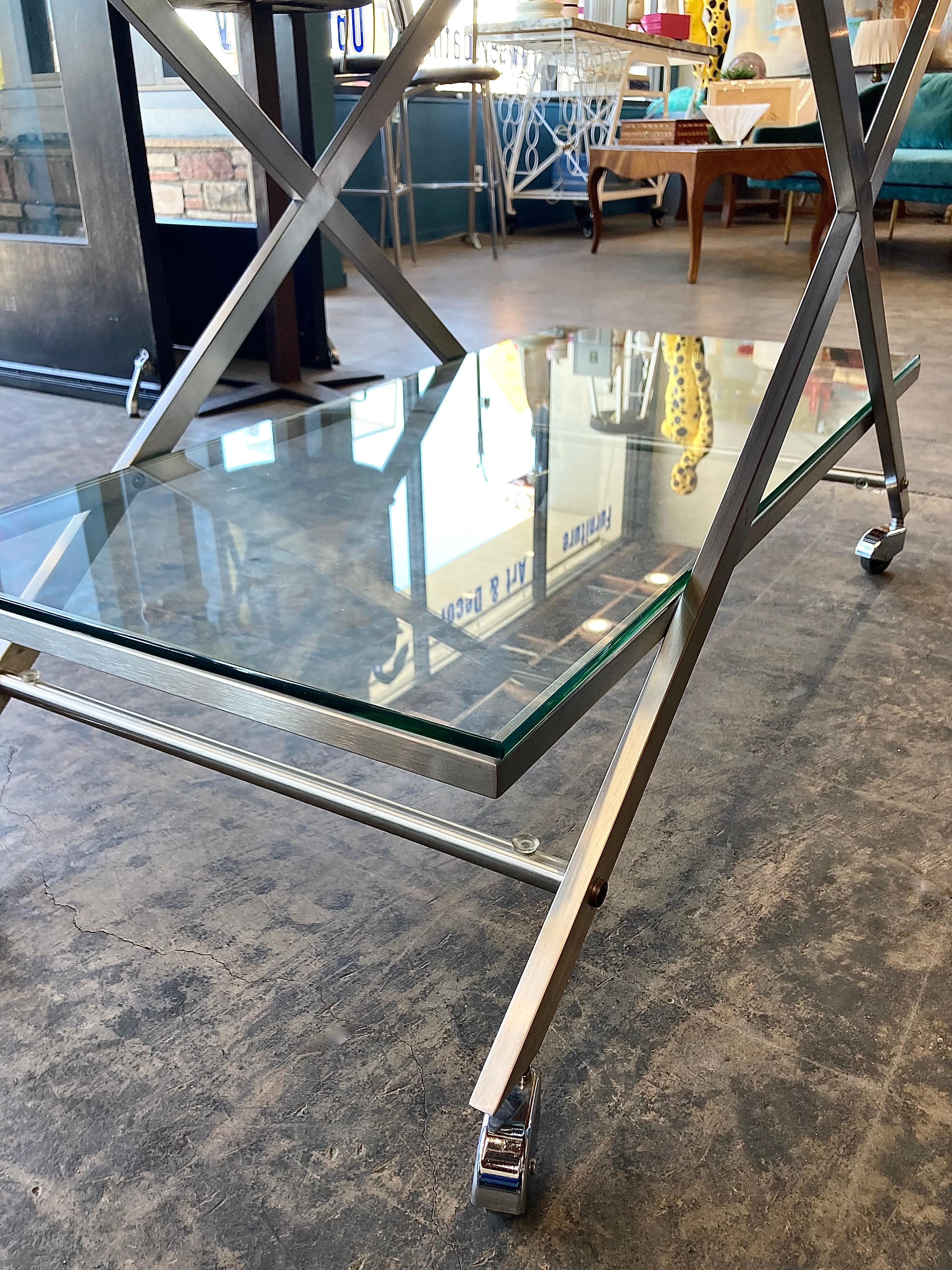 Steel Chrome and Glass Bar Cart For Sale