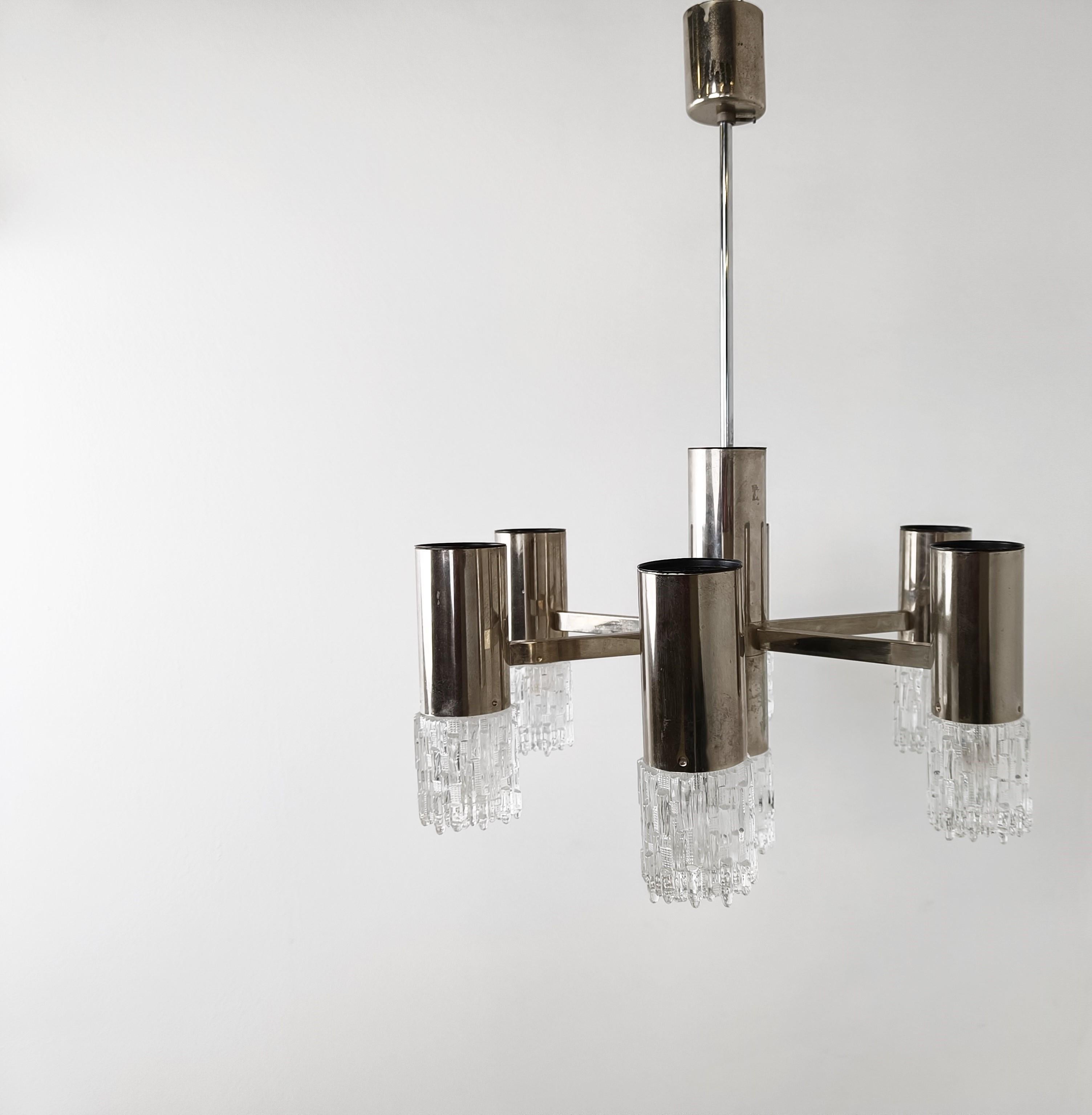 Italian Chrome and Glass Chandelier Attributed to Sciolari, 1970s For Sale